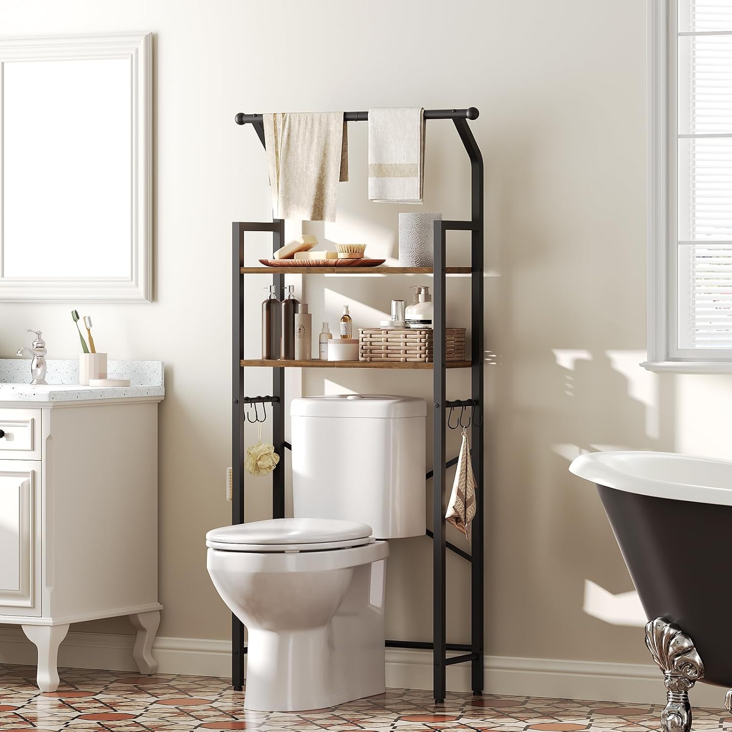 Over The Toilet Storage and Bathroom Medicine Cabinet with Mirror Bundle, 2-Tier Bathroom Organizer Shelves with Hooks, Wall Mounted Storage Cabinet, for Laundry Room, Bedroom TR01BR-MC01WT