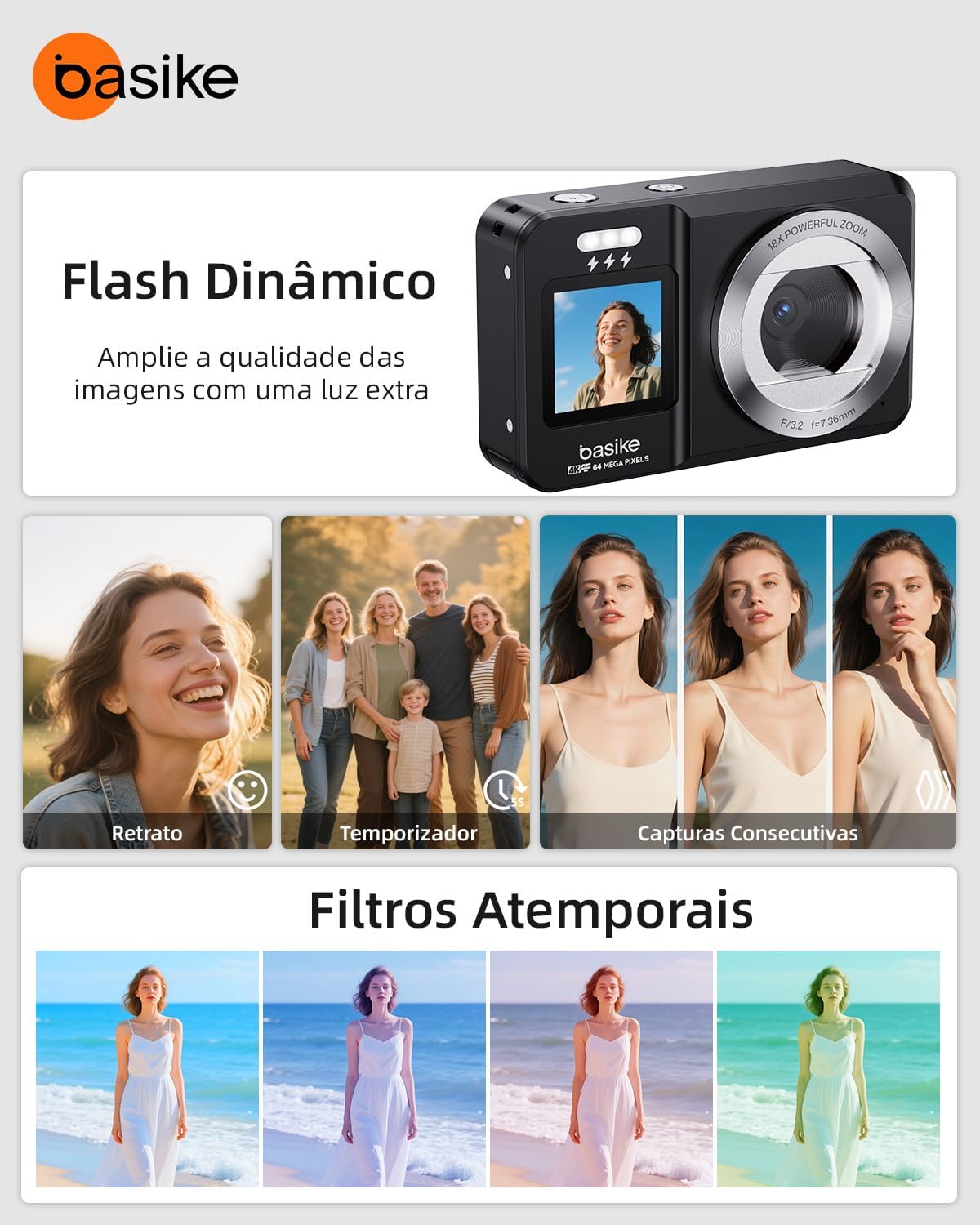 Image showing various creative features of the camera, including dynamic flash, portrait mode, timer, consecutive captures, and timeless filters.