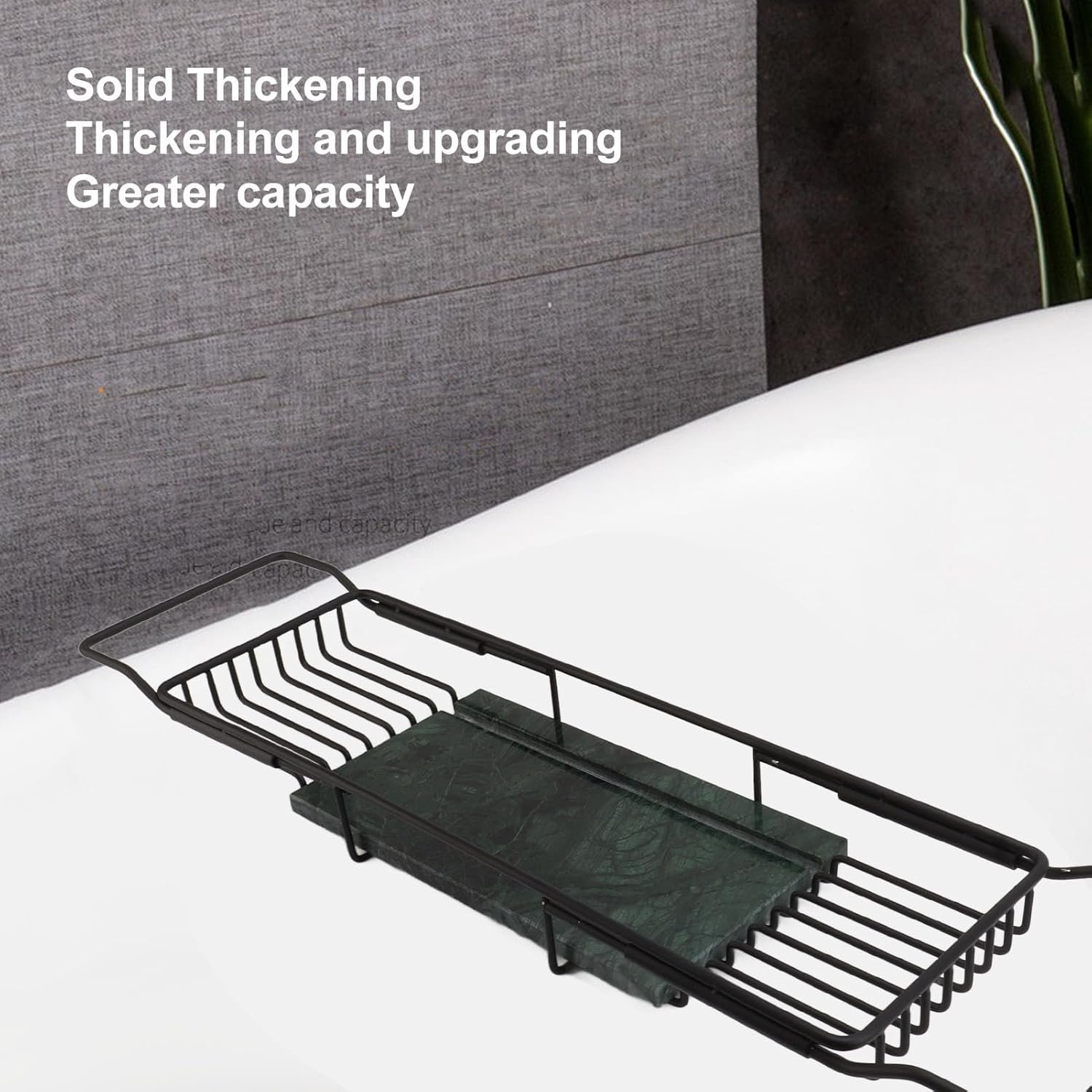 Metal Marble Bathtub Rack Anti Slip Space Saving Multi Functional Expandable Bathtub Tray House Warming Gift Stainless Steel Marble Bathroom Organizer for Shower Essentials (Black Green)