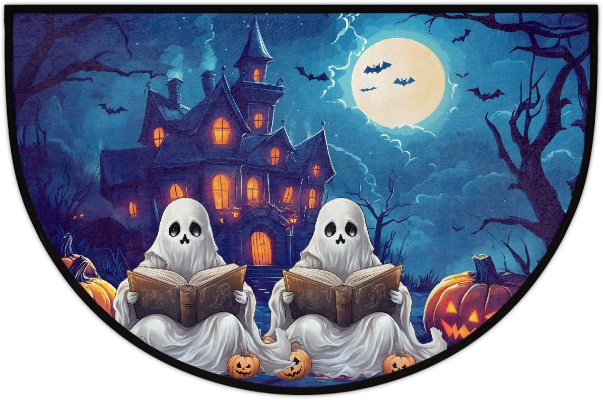Halloween Night Moon Ghost Half Round Door Mat Non Slip Washable Semi Circle Area Rug Absorbent Soft Half Moon Rug Floor Mat for Indoor Outdoor Kitchen Bathroom Patio Front Door Mat Decor