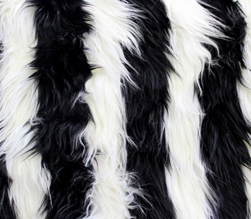 Faux Fake Fur Fabric Long Pile 2 Tone Shaggy Stripe Black White / 60 Wide/Sold by The Yard
