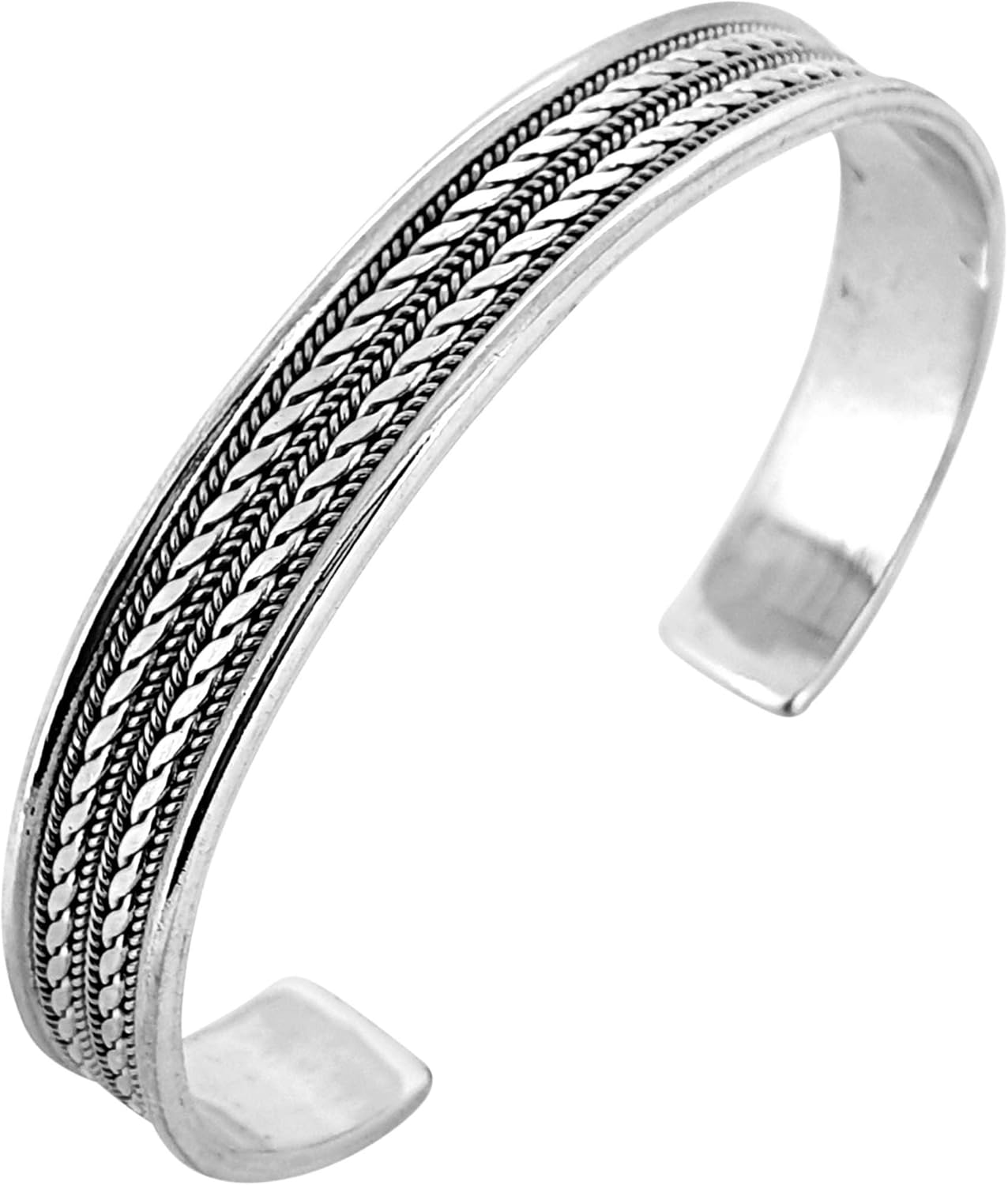 Handmade Mens Silver Bangle Bracelet - Celtic Braided Details Silver Cuff Bangle for Men