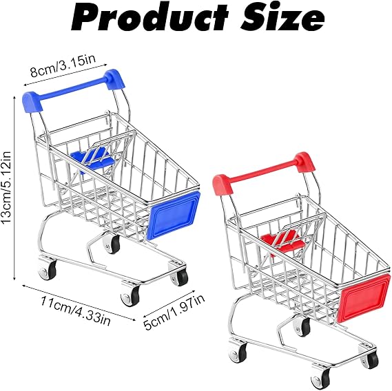 2 Pcs Mini Shopping Trolley,Mini Shopping Cart Mini Trolley Mini Supermarket Handcart,Mini Shopping Grocery Basket for Kids Adults Desktop Decoration Make Up Holder Rack Storage (Red)