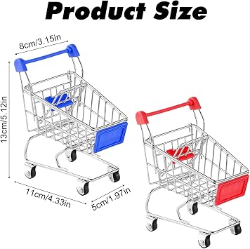 2 Pcs Mini Shopping Trolley,Mini Shopping Cart Mini Trolley Mini Supermarket Handcart,Mini Shopping Grocery Basket for Kids Adults Desktop Decoration Make Up Holder Rack Storage (Red)