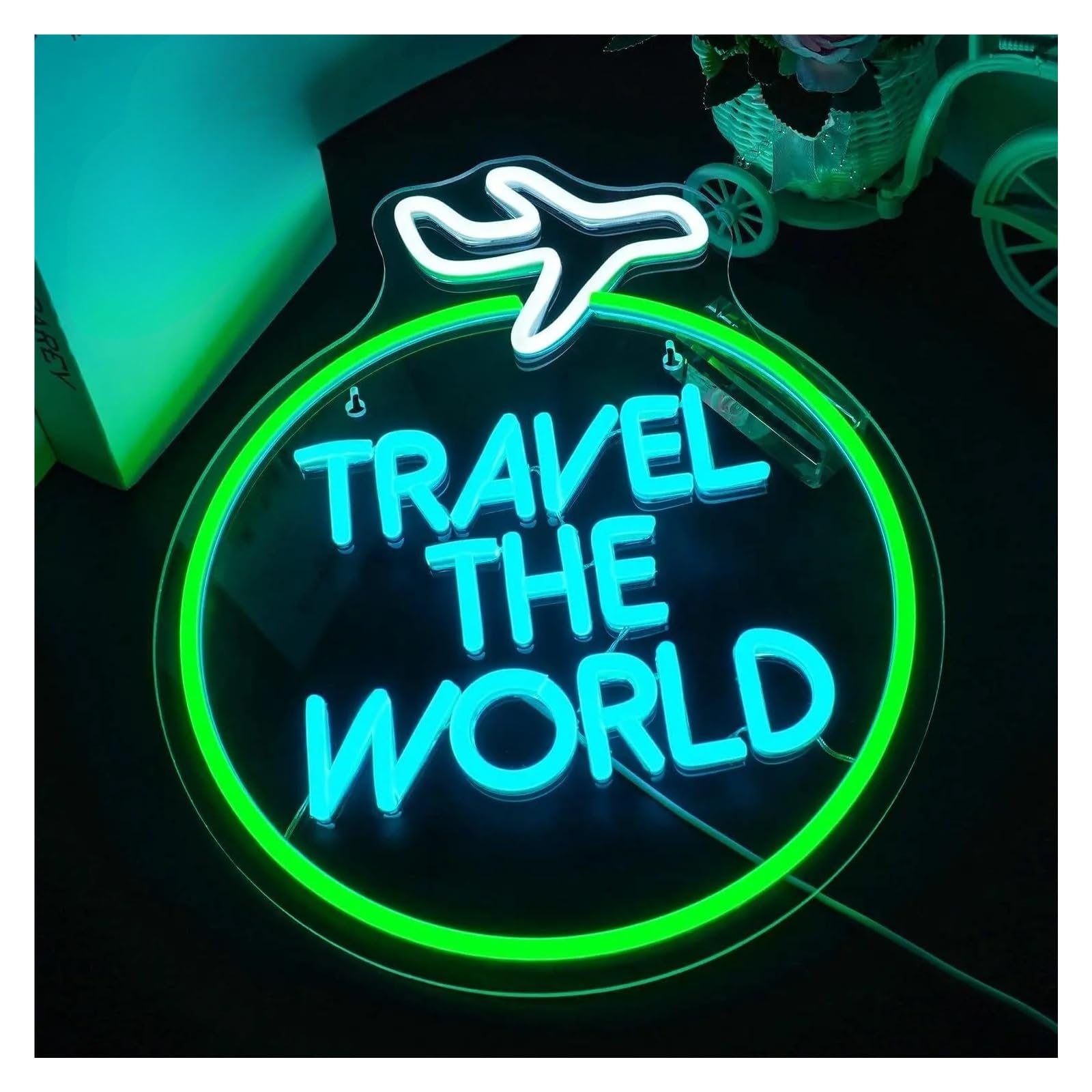 Scritta luminosa Travel The World Neon, Neon Dimmerabile Alimentato Tramite USB, Studio Per Amanti Dei Viaggi, Bar, Arte Murale Per Feste 39.5x32cm