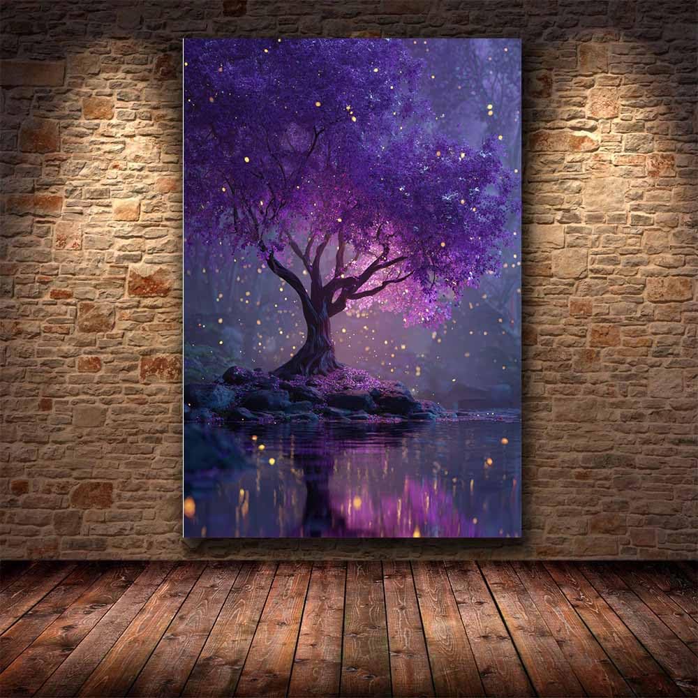 DMZPKZB Obraz na płótnie gwiaździste niebo strumienie i drzewa plakaty planet, odpowiednie do dekoracji łazienki, sypialni, biura (fioletowy-70x100cm oprawione