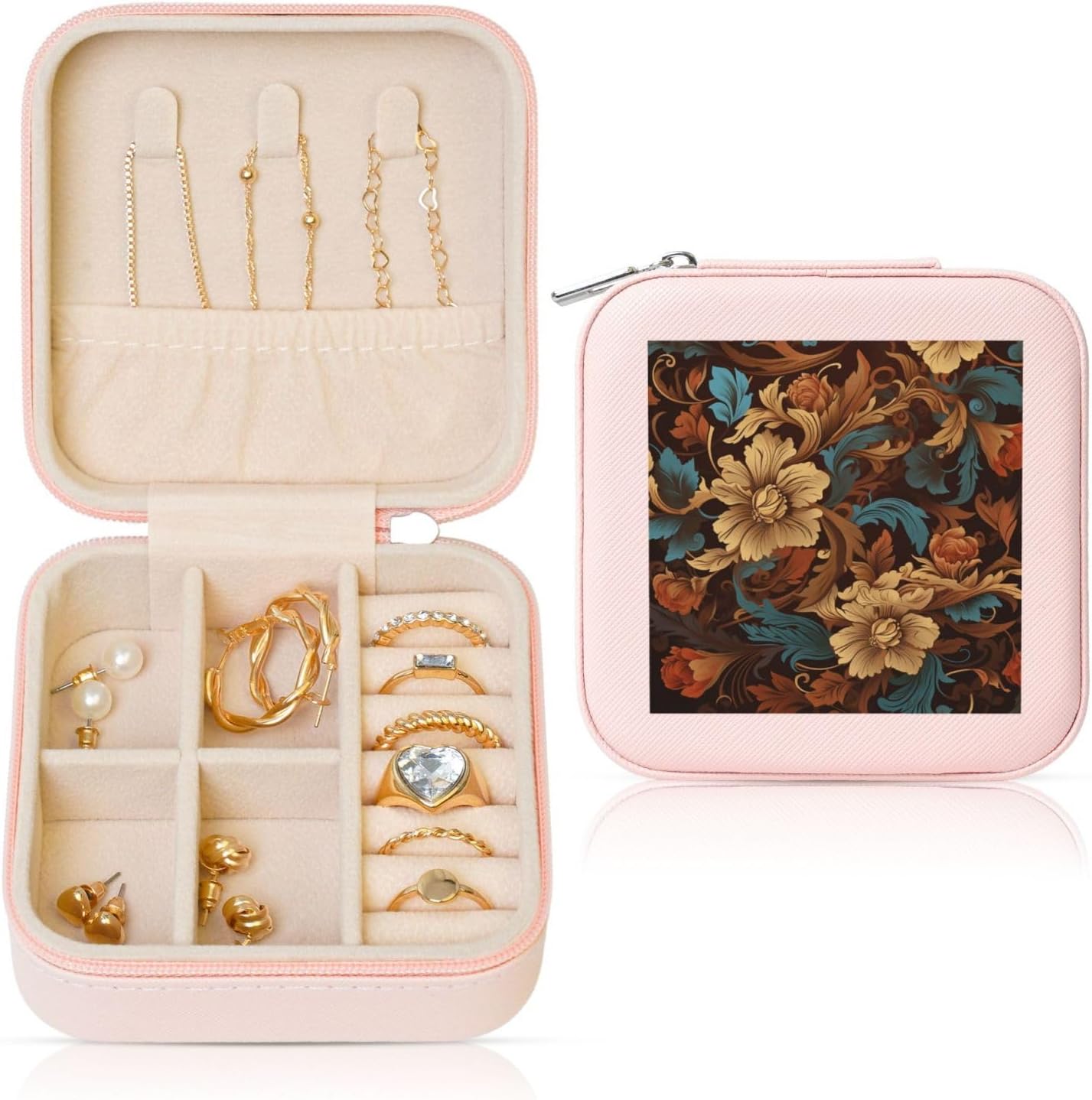 Set Of Ornate Floral Jewelry Box Case Small Travel Jewelry Case Organizer For Women Ladies Girls Gifts For Birthday Christmas,Pink