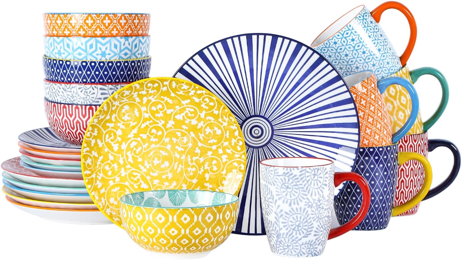 Selamica Ceramic Dinnerware Sets for 6, 24 Piece Plates and Bowls Sets, Scratch Resistant Dishes Set-Dishwasher & Microwave & Oven Safe, Assorted Colors A