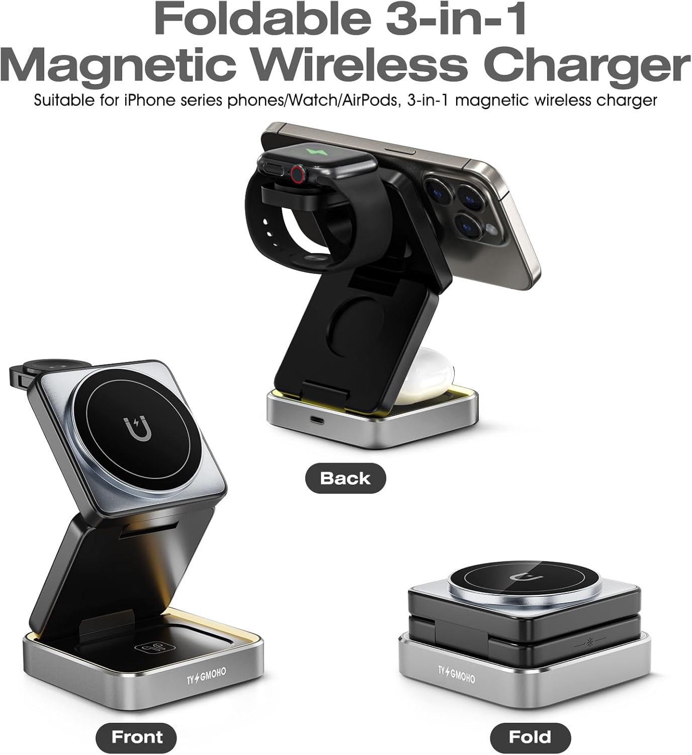 Portable 3 in1 Magsafe Wireless Charger Station for Apple iPhone, Multiple Devices, Foldable Travel Charging Stations, Magnetic Fast Charger with Light for iPhone 12-16 Series for Apple Watch & Airpod