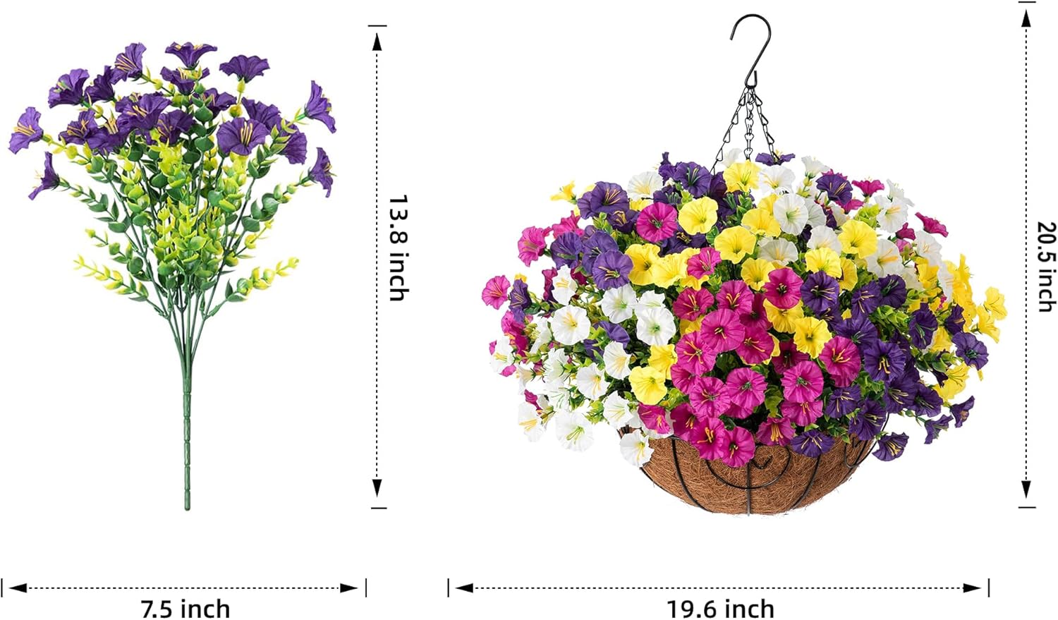 2 Set Artificial Fake Hanging Flowers Plants Baskets for Outdoors Spring Outside Decor , UV Resistant 24 Pcs Faux Silk Morning Glory with 2 Outdoor Hanging Planters Look Real for Porch Patio Balcony