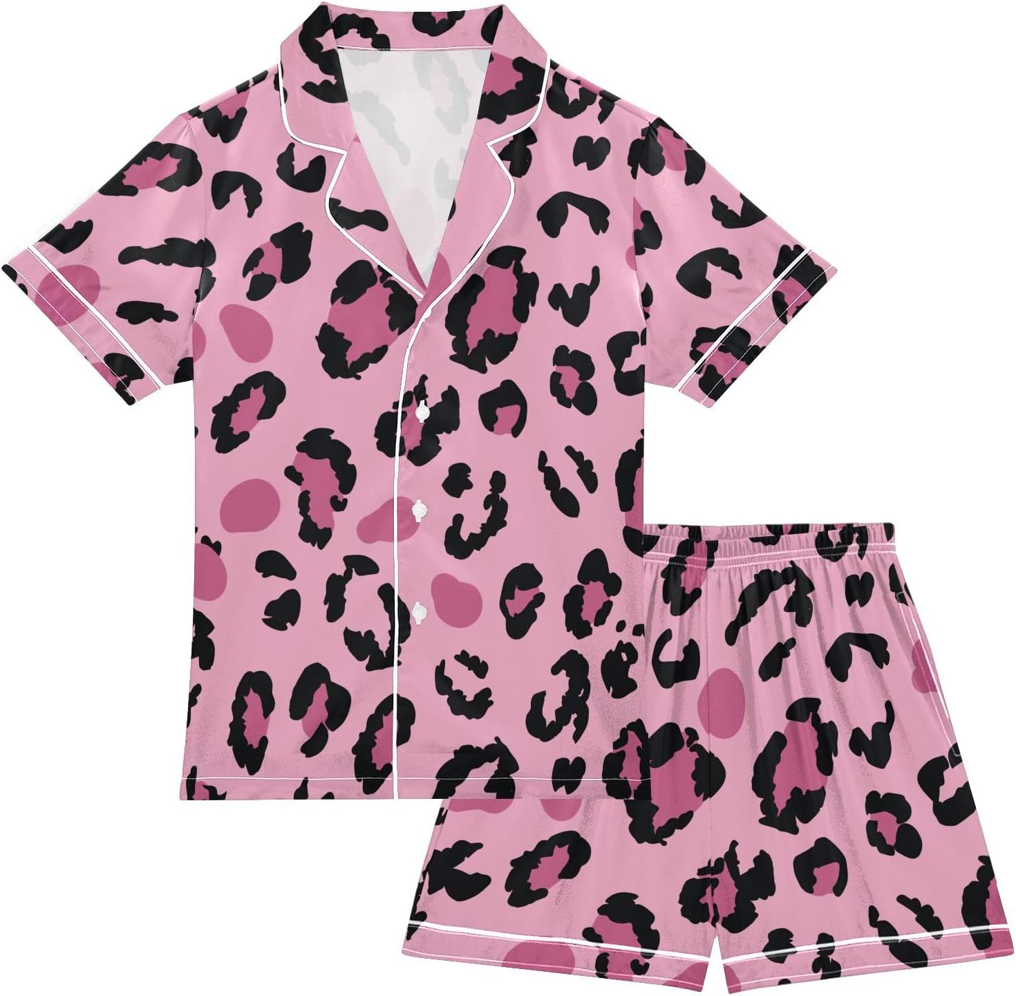 Kids Satin Wear Set Leopard Print Pink Pattern Relaxed Fit Clothing Short Sleeve and Shorts