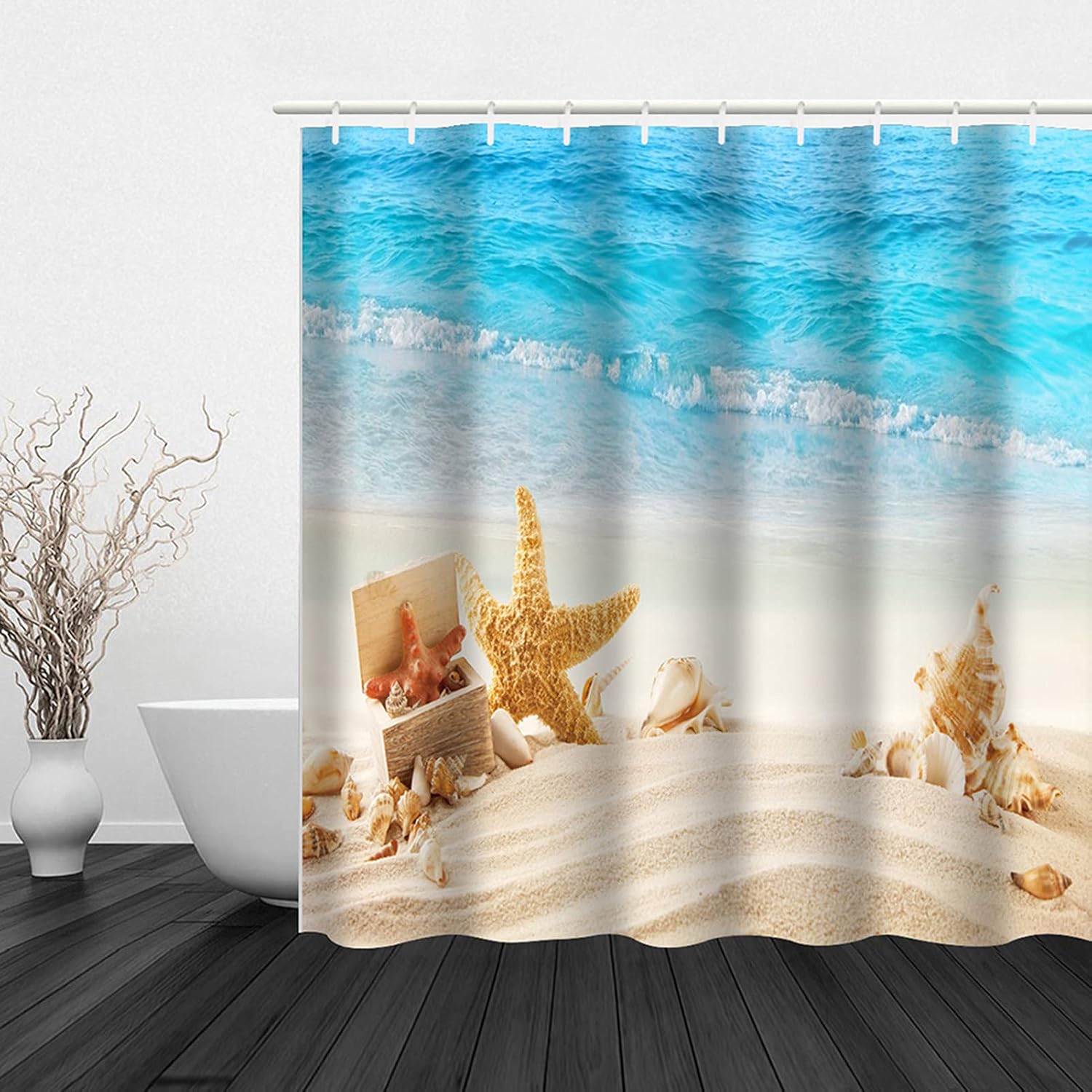 Ocean Beach Shower Curtain, Beautiful Beach Scenery Shower Curtain, Waterproof Print Bath Curtain with Hooks(180cm×180cm)