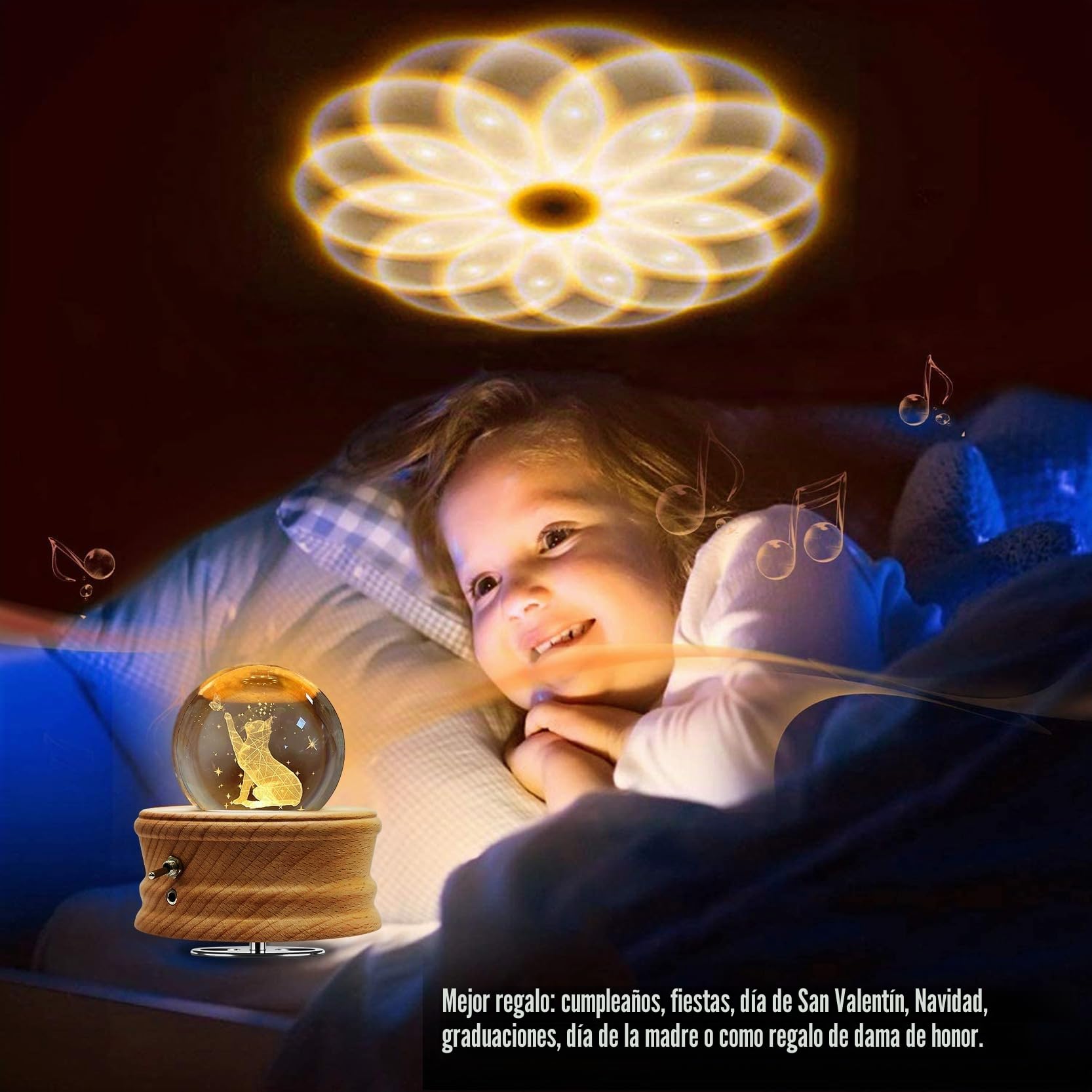 Caja de Música con Bola de Cristal,Caja de Música de Madera con Proyección,Base Giratoria de Madera con Rotación de 360°con Luz, Cristal 3D K9,Regalo de Cumpleaños Navidad Mujeres Niños