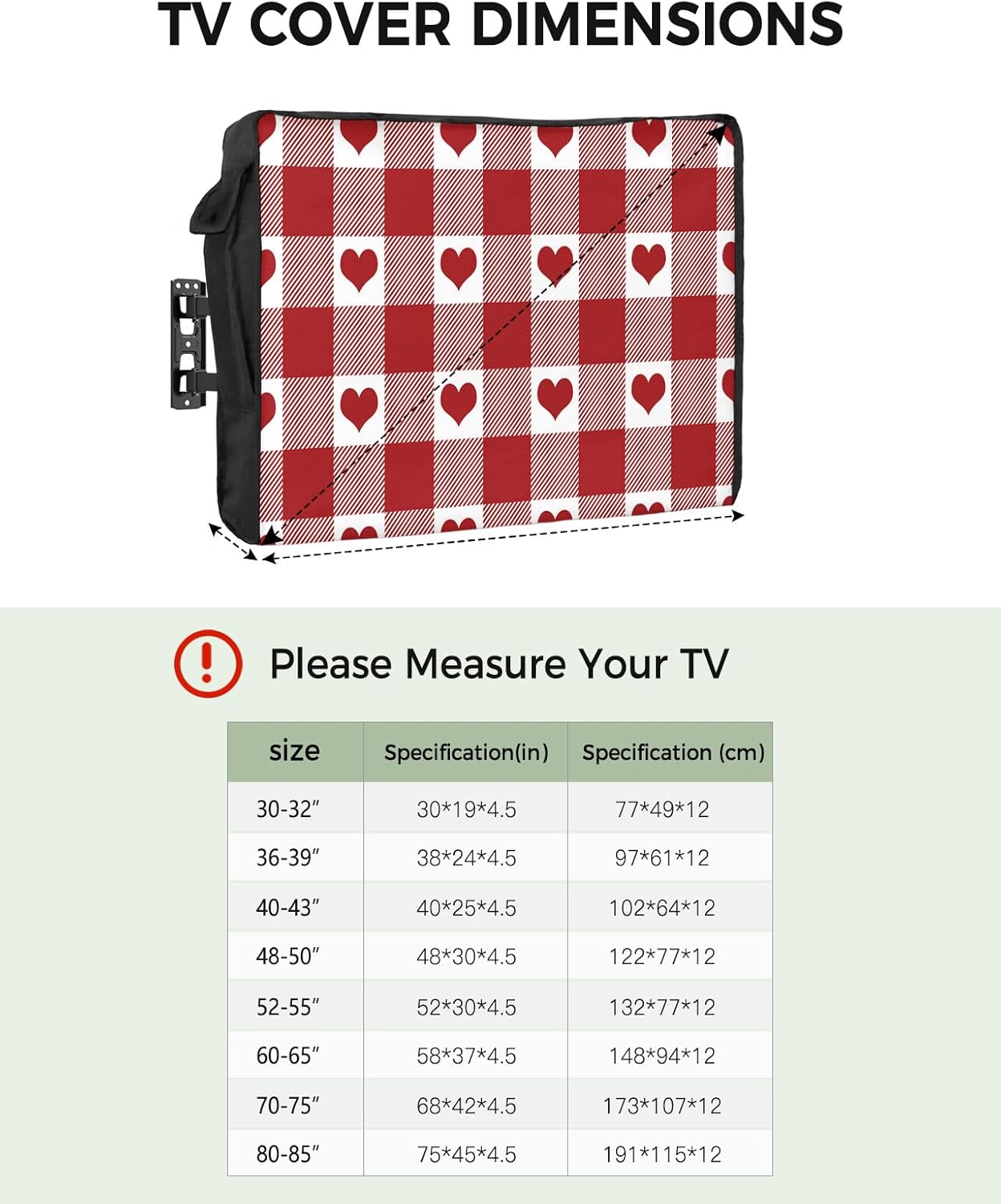 Outdoor TV Cover - Valentine's Day Red Loving Heart Red Plaid Check Waterproof and Weatherproof 60"-65" LCD Movable Shield TV Display Screen Protector Outside Television Covers