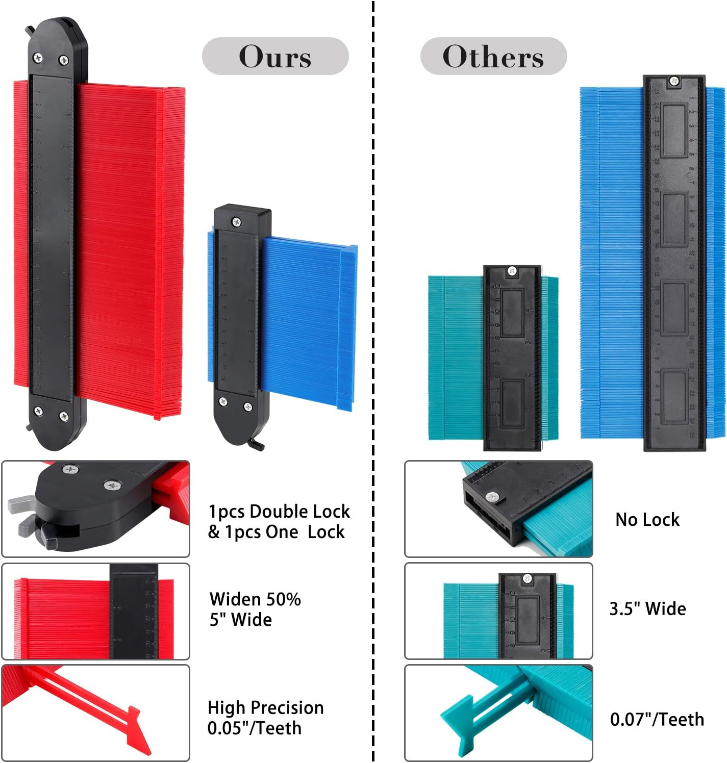 Extra Wide Contour Gauge Duplicator with Lock, Widen Plastic Outline Profile Shape Contour Duplications Gauge Tool 5" & 10", 2 Pack Guage with Angle Layout Measuring Ruler, Pencil, Pencil Sharpener