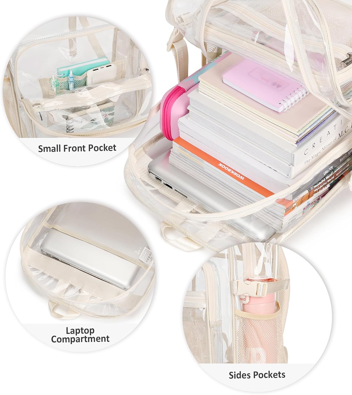 abshoo Big Heavy Duty Clear Backpack for School Girls Boys Transparent Bookbag for Middle High School (Beige)