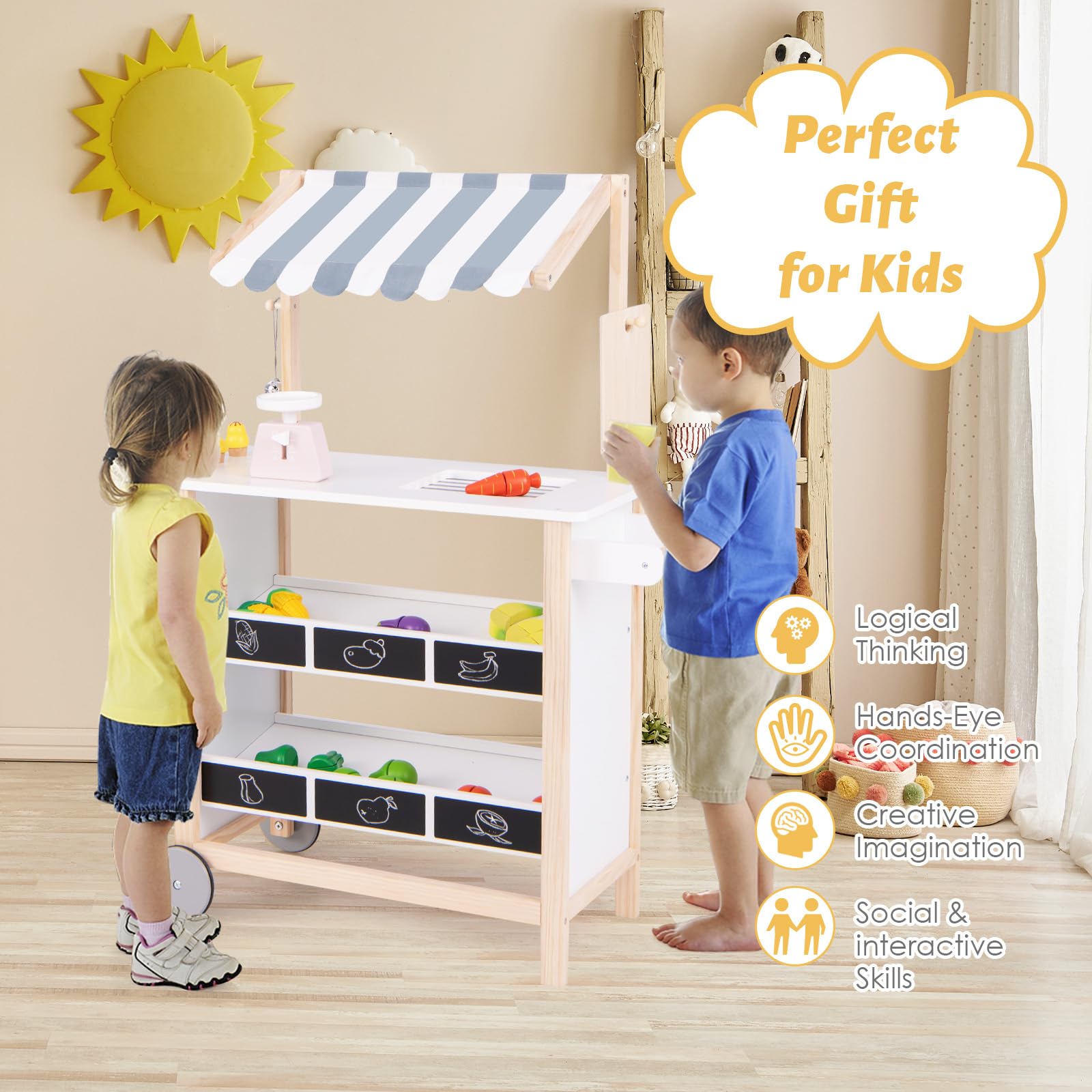 HOMASIS Chariot à Glace pour Enfants avec Accessoires, Magasin de 6 Jouets, Crème Glacée, Roues Mobiles et Auvent, Chariot de Courses en Bois, Maison de Poupée, Kit de Jeu pour 3 Ans et+ (Blanc)