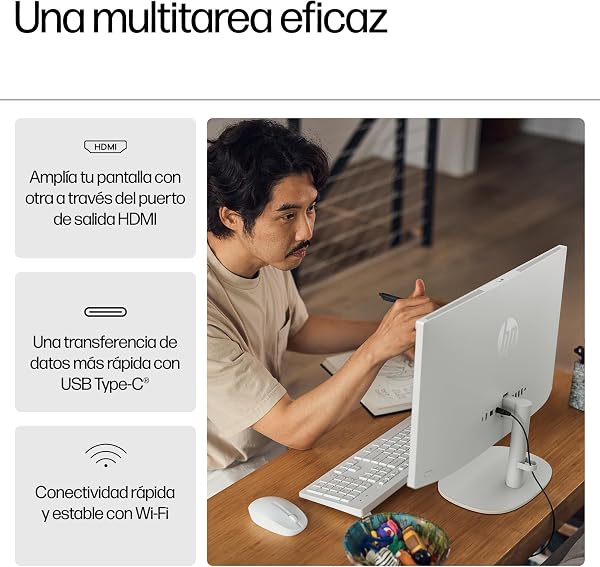 HP All-in-One 22-dg0014ns - Ordenador de 21.5" (Intel N100, 8GB RAM, 256GB SSD, Intel UHD Graphics, Windows) - White - Teclado QWERTY Español - 3