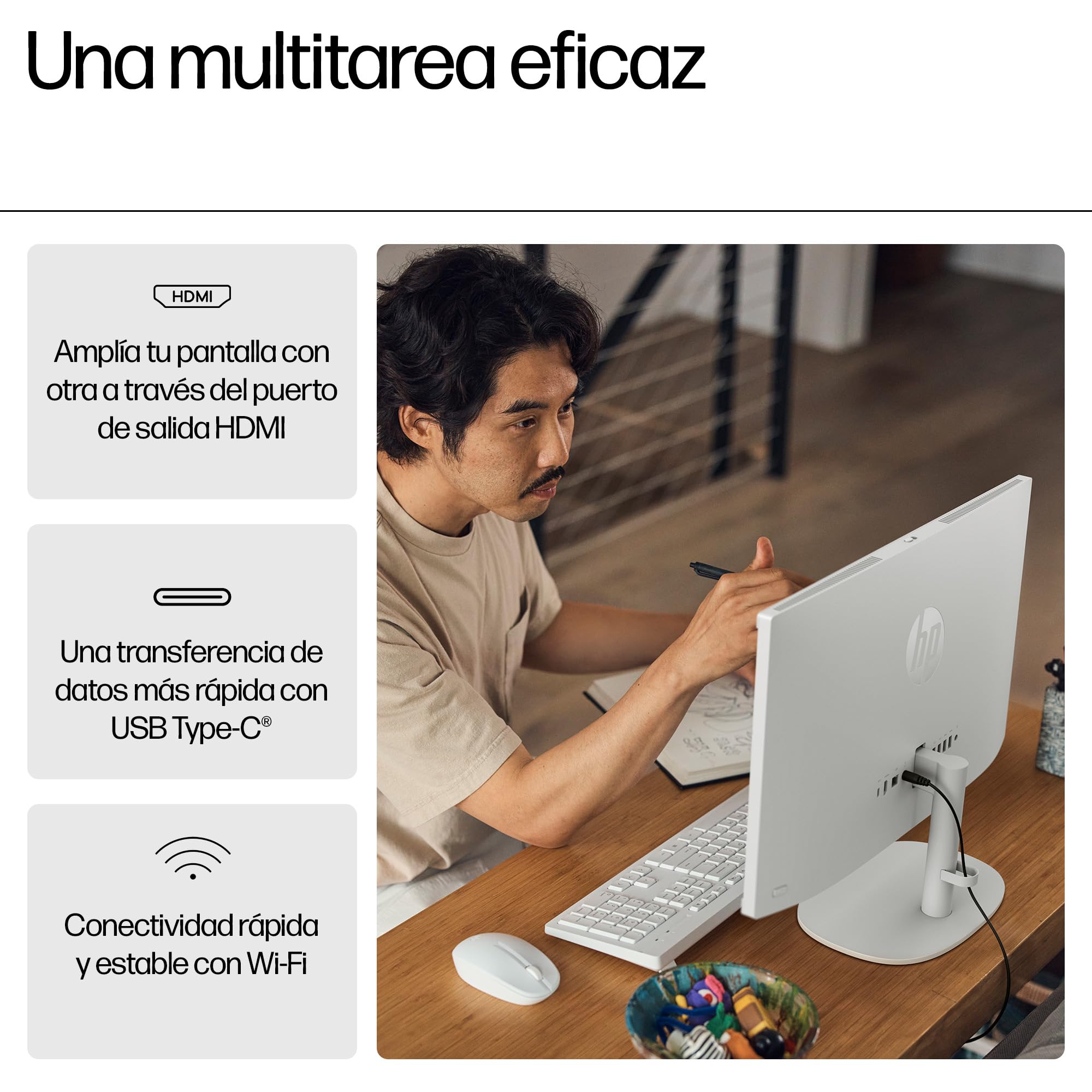 HP All-in-One 22-dg0014ns - Ordenador de 21.5" (Intel N100, 8GB RAM, 256GB SSD, Intel UHD Graphics, Windows) - White - Teclado QWERTY Español - 4