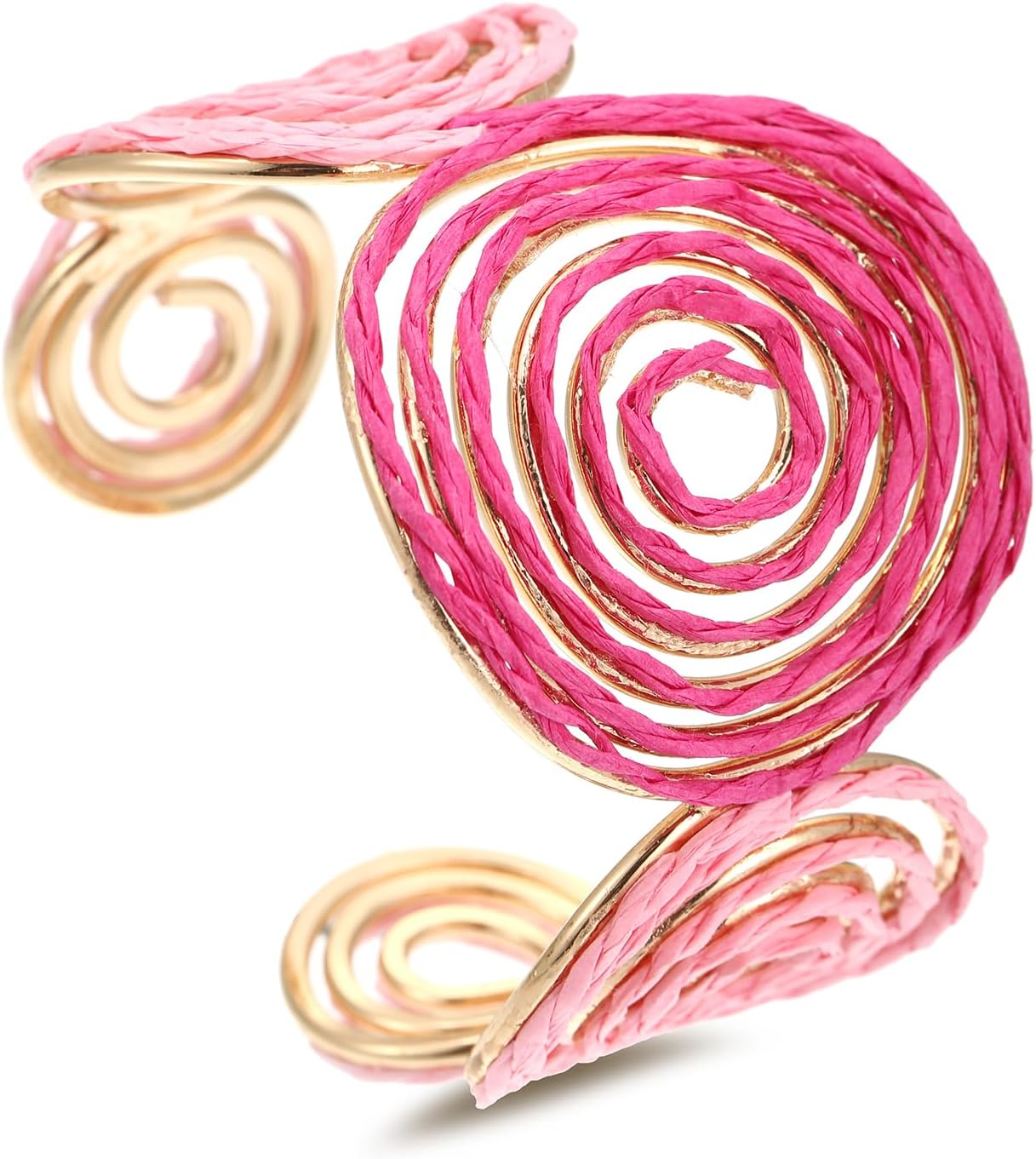 Raffia Spiral Cuff Bracelet for Women, Colorful Swirl Bangle Chunky Bangle Handmade Rattan Statement Bracelet