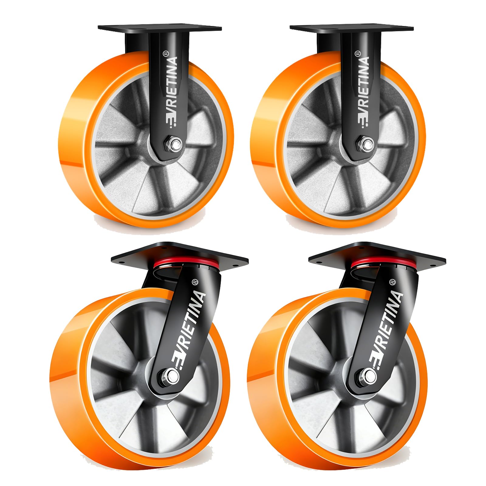 4 Stück Schwerlastrollen 150mm inkl. 2 Lenkrollen und 2 Bockrollen | 360° Drehbar Alu Schwerlast Lenkrollen mit Mund einfetten für Forschungslabore, Industrielle Anlagen, Traglast 1350 kg