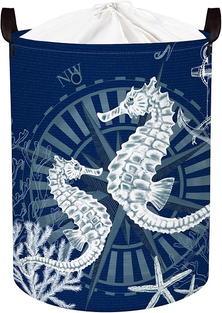 Clastyle Retro Ocean Sea Horse Blue Laundry Hamper Nautical Compass Round Clothes Storage Basket for Bedroom, 45L