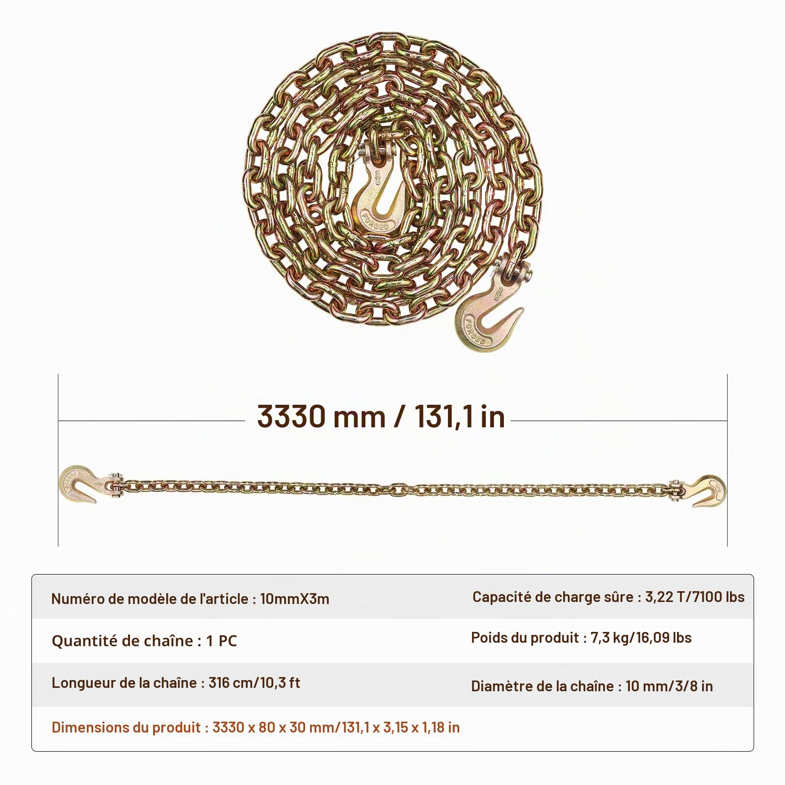 VEVOR Chaîne de Reliure de Remorquage avec Crochets à Chape, Chaine de Transport G80 10 mm x 316 cm, Chaîne d'Exploitation Forestière Capacité Charge 3,22 t, pour Attacher Équipements de Dépanneuse