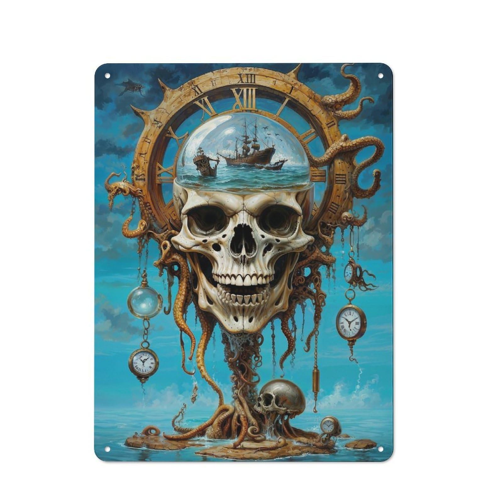 Junmoney Passage Of Octo Skull Time Tin Wall Plaque 40X30cm With For Bar Or Restaurant, Suited To Bar Decor Enthusiasts