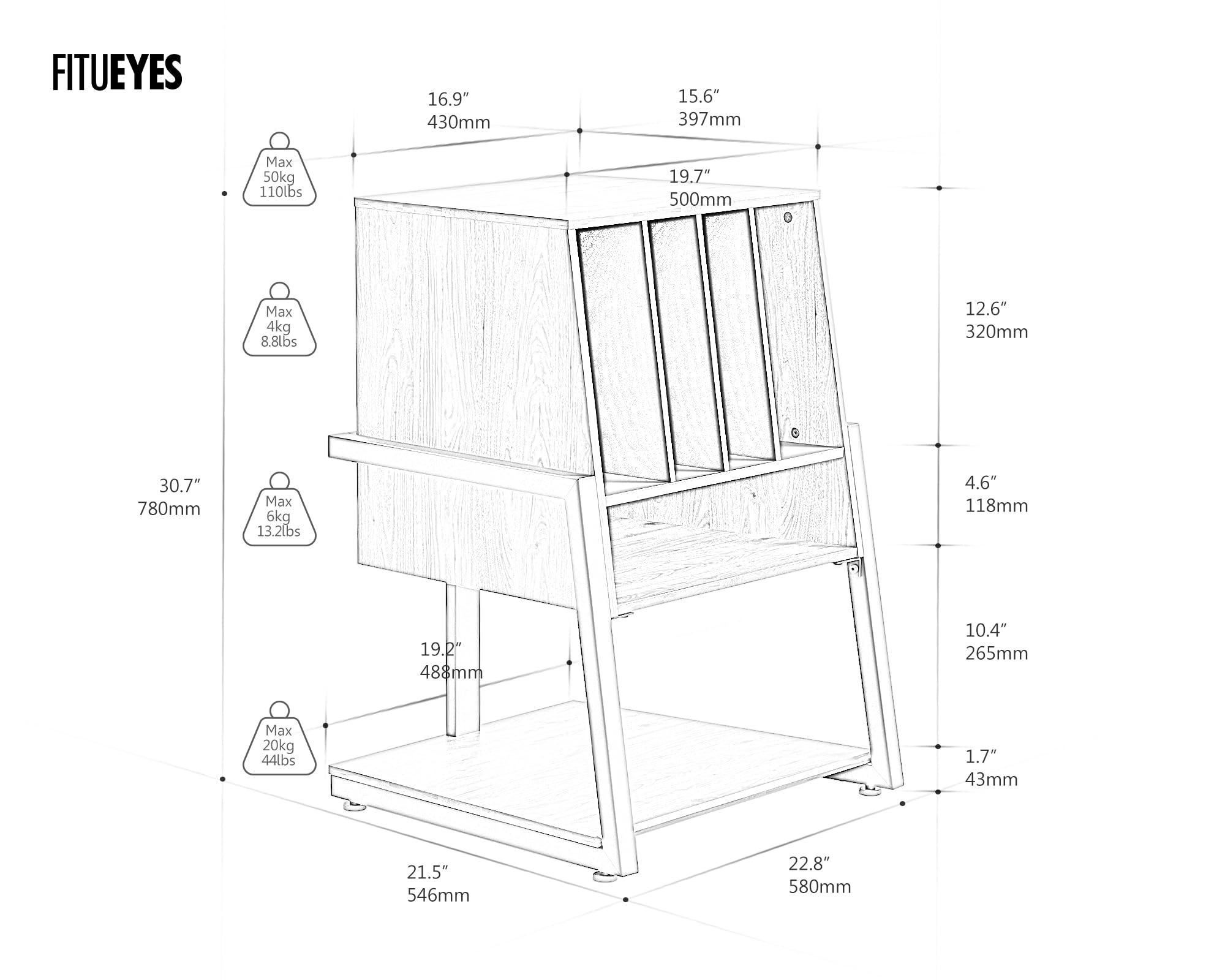 FITUEYES Mueble Tocadiscos, Mueble HiFi de Madera y Metal, Almacenamiento para 120 Discos, para Sistemas Compactos, para Salones y Salas de Música
