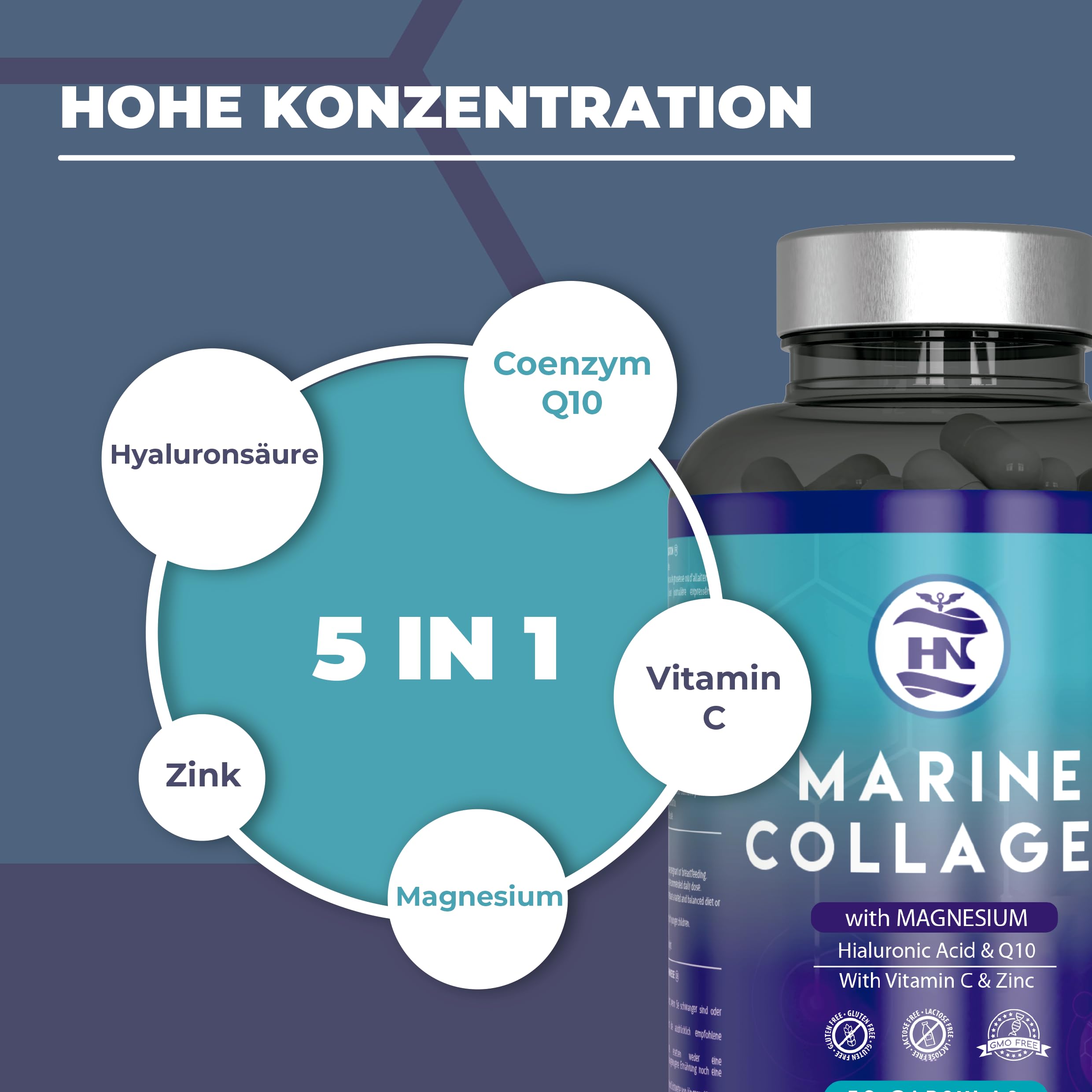 Collagen kapseln hochdosiert mit hyaluronic acid. kollagen kapseln mit Magnesium und Vitamin C - Coenzym Q10, Magnesium und Zink, Meereskollagen mit Hyaluronsäure (50 Kaps x 5 Dosen)