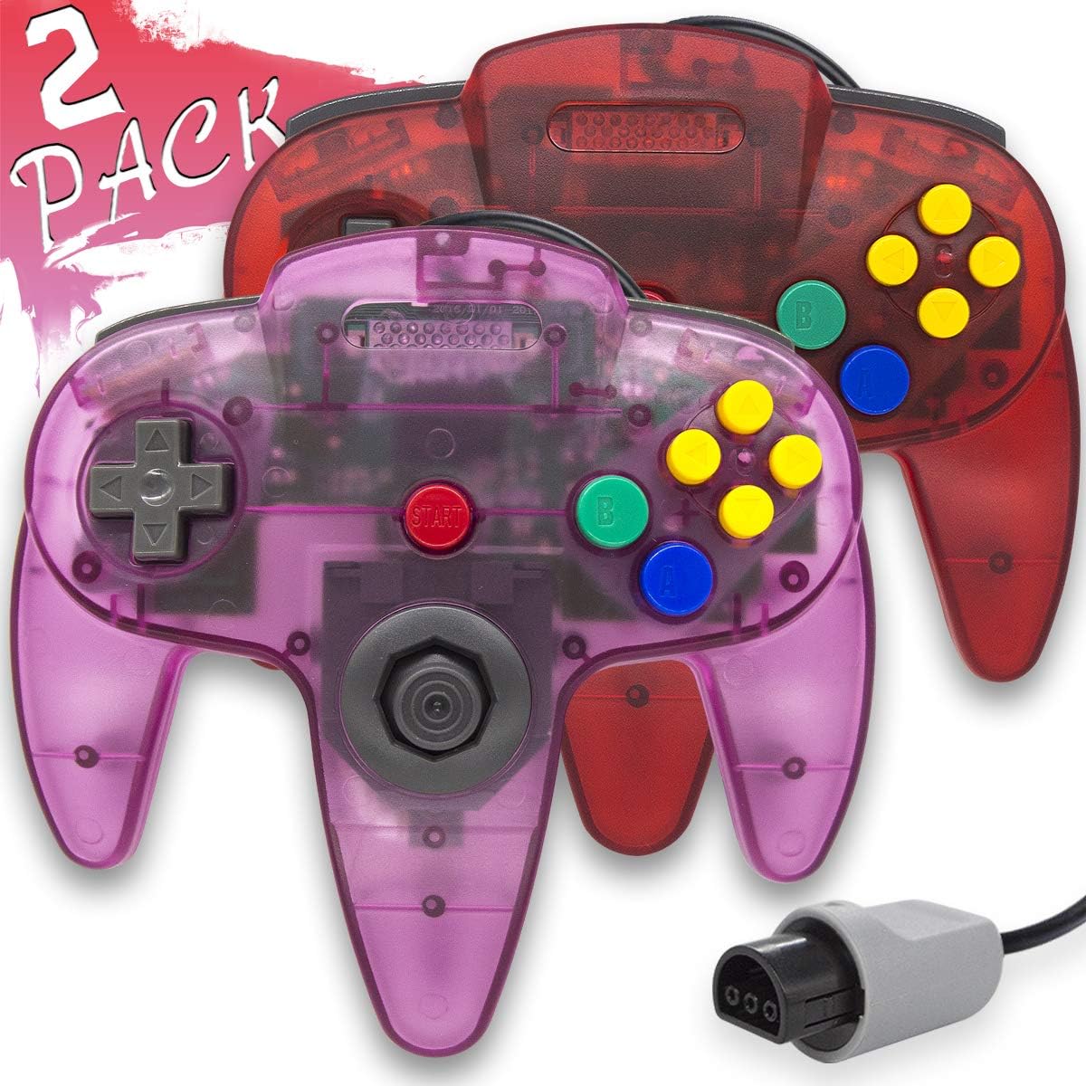 Wired Controller for Nintendo 64 N64 Console, Upgraded Joystick Classic Video Game Gamepad (Clear Red and Clear Purple)