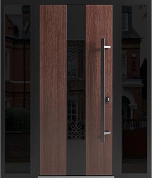 VDOMDOORS Front Exterior Prehung Steel Door/Ronex 1205 Bronze Oak / 2 Side Exterior Windows Sidelites/Entry Metal Modern Painted W14+36+14" x H80 Left Hand Inswing