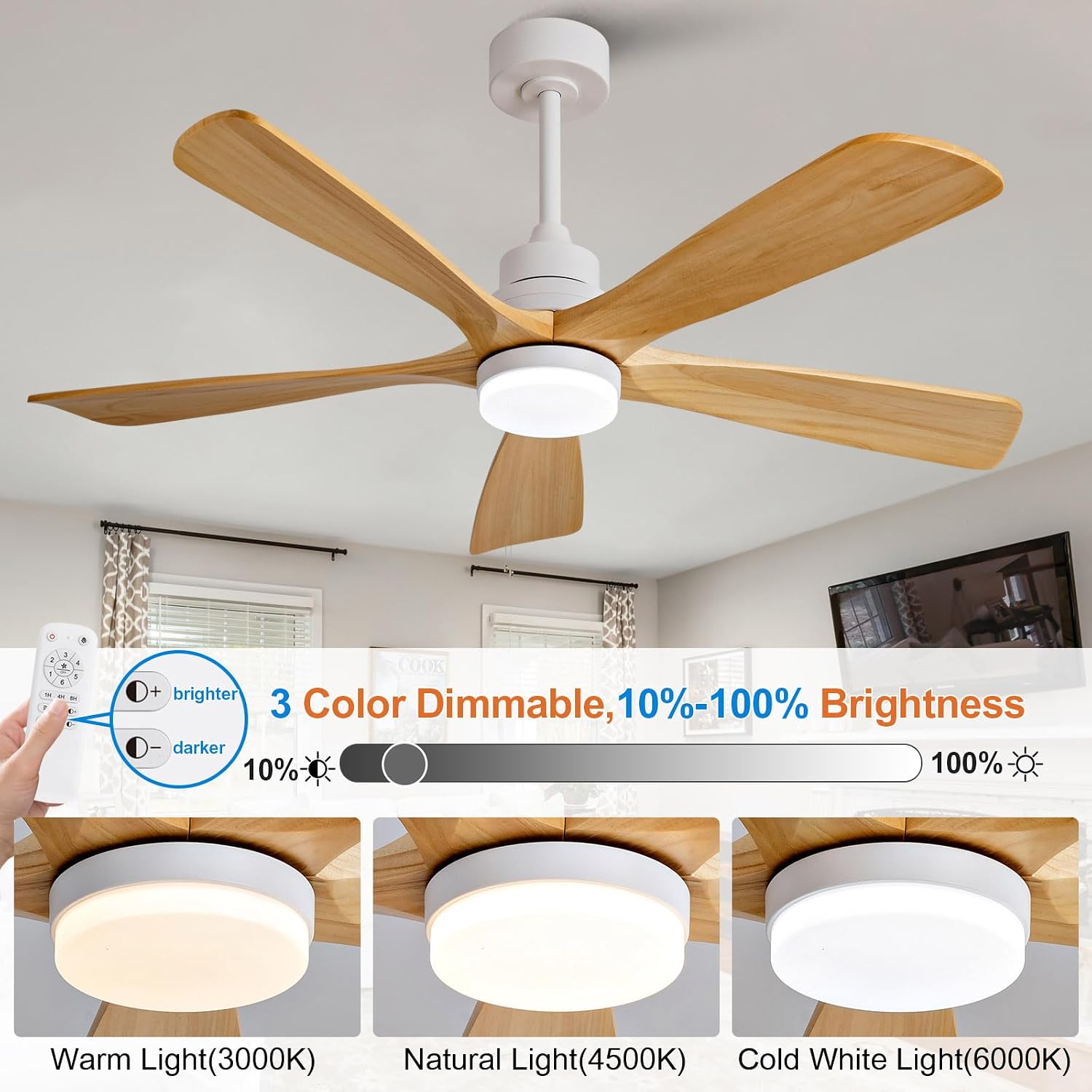 BOJUE 52 Inch Ceiling Fans with Lights and Remote Control, Dimmable 5 Blade Outdoor Ceiling Fans for Patios, White Natural Wood Bedroom Ceiling Fan, Reversible DC Motor, Memory Function