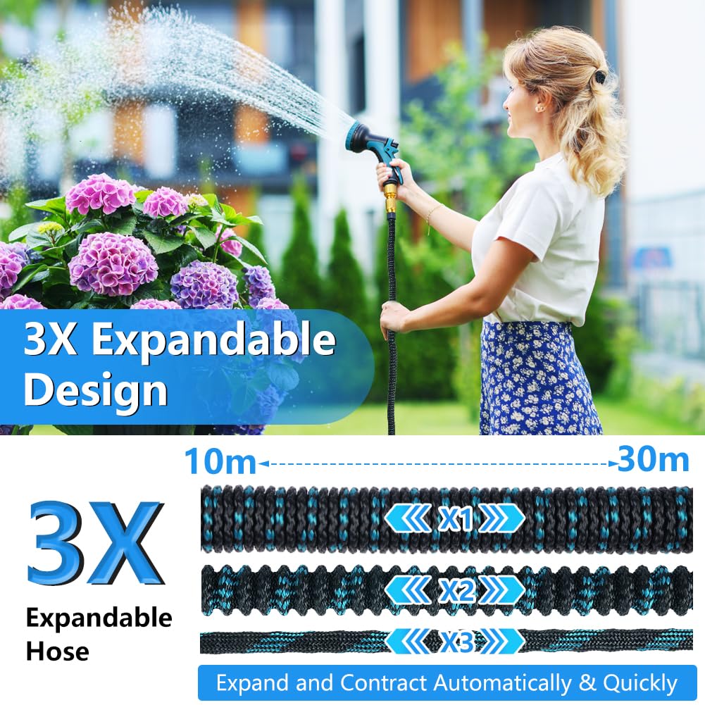 Manguera Jardin30 Metros/100 FT, Manguera Extensible con Pistola Rociadora de 10 Funciones, Conectores de 3/4" y 1/2", Mangueras Anti-dobleces Para Jardín, Exteriores, Lavado de Autos
