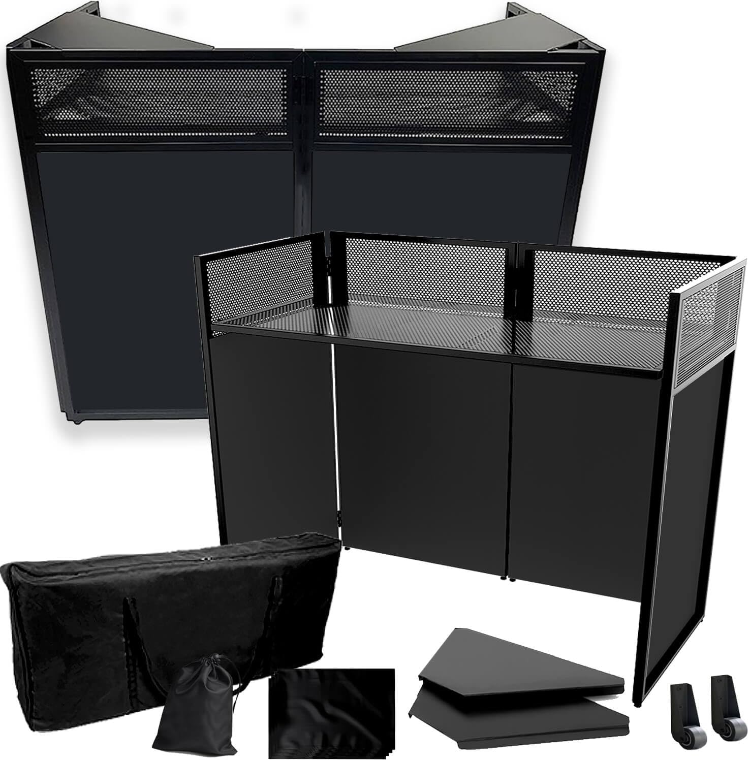 2026 Upgraded DJ Booth Stand Portable – 45"L x 25"W Foldable DJ Facade Booth with Dual Corner Panels, Wheels, Mobile DJ Controller Stand with Scrim & Carry Bag for Weddings, Parties & Events