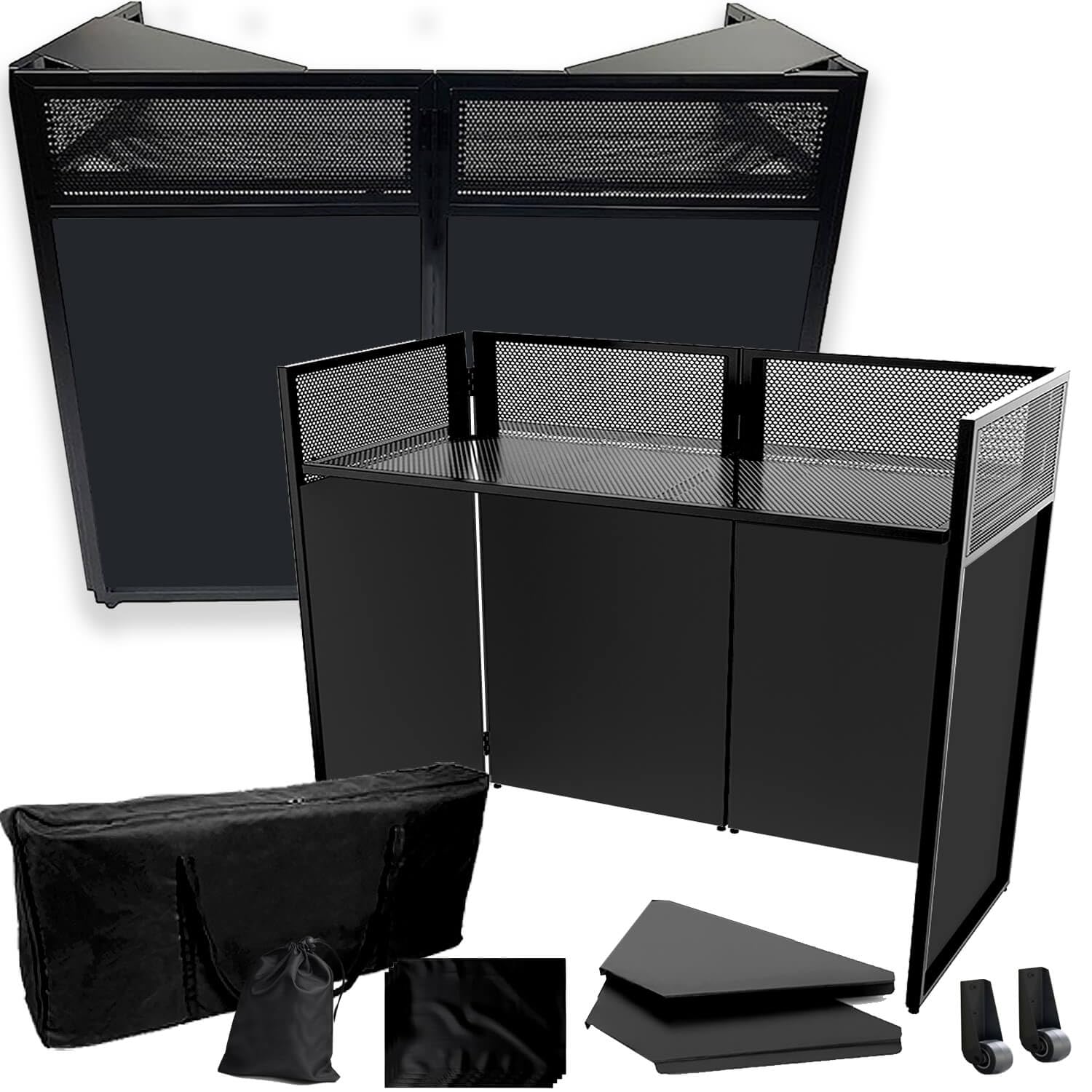Mesa portátil de DJ con ruedas, cabina de fachada plegable de 45 pulgadas con paneles de esquina dobles y mesa de malla, soporte móvil para controlador de DJ con malla y bolsa de transporte para bodas