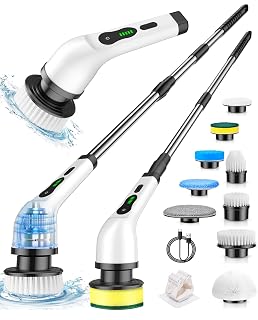 Electric Spin Scrubber, Cordless Shower Scrubber Rotary Floor Brushes & Pad Drivers with 9 Brush Heads - 2H Dual Speed, IPX7 Waterproof Extension Handle for Bathroom Tile Car Cleaning, Whtie-Q - Amazon product rated Grade B