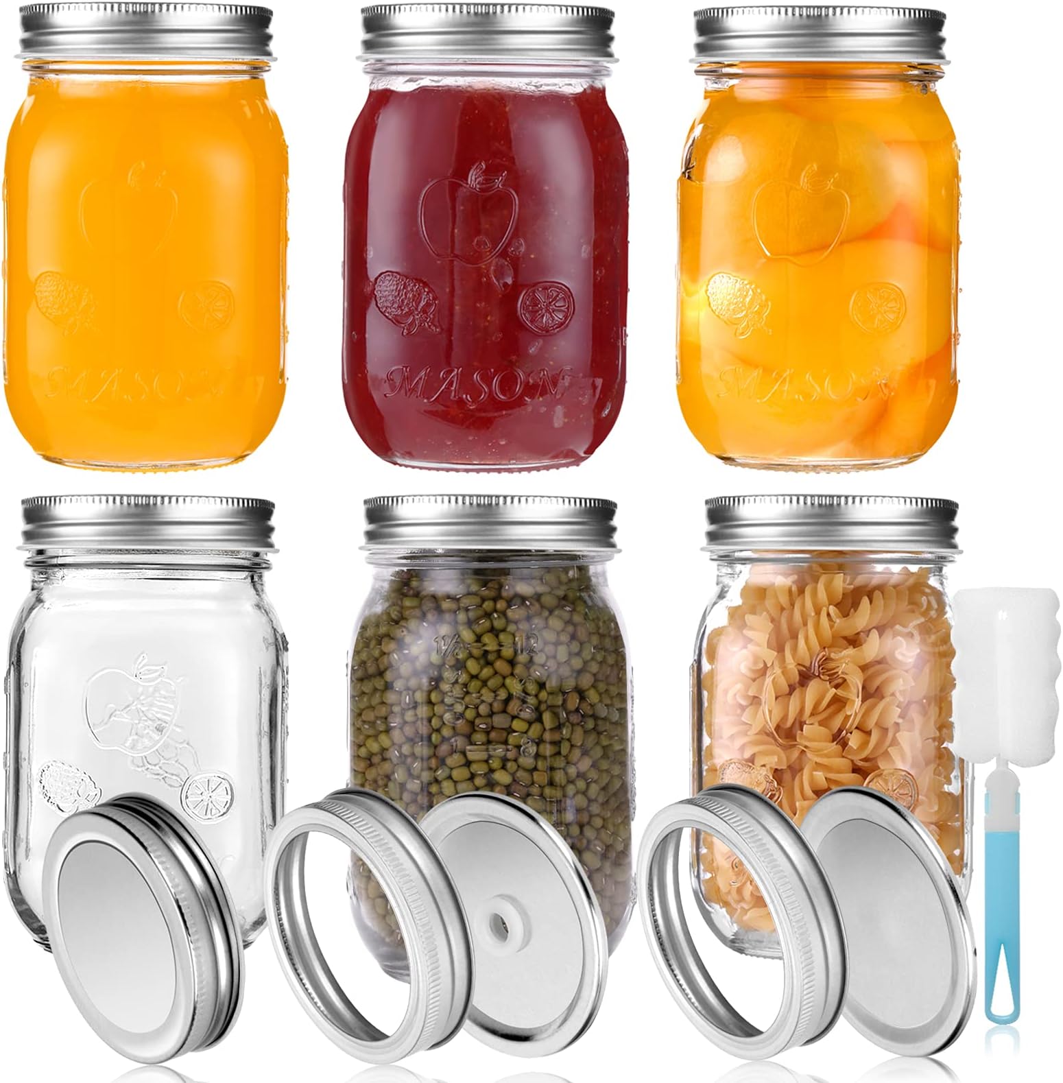 Glass Mason Jars with Lids,Food Storage Jars 16oz / 450ml for Homemade Food Preserving Jam,Honey Yogurt,Pickle and Beans Canning Jars with 18pcs Spare Lids 6 Pack Overnight Oats Jar