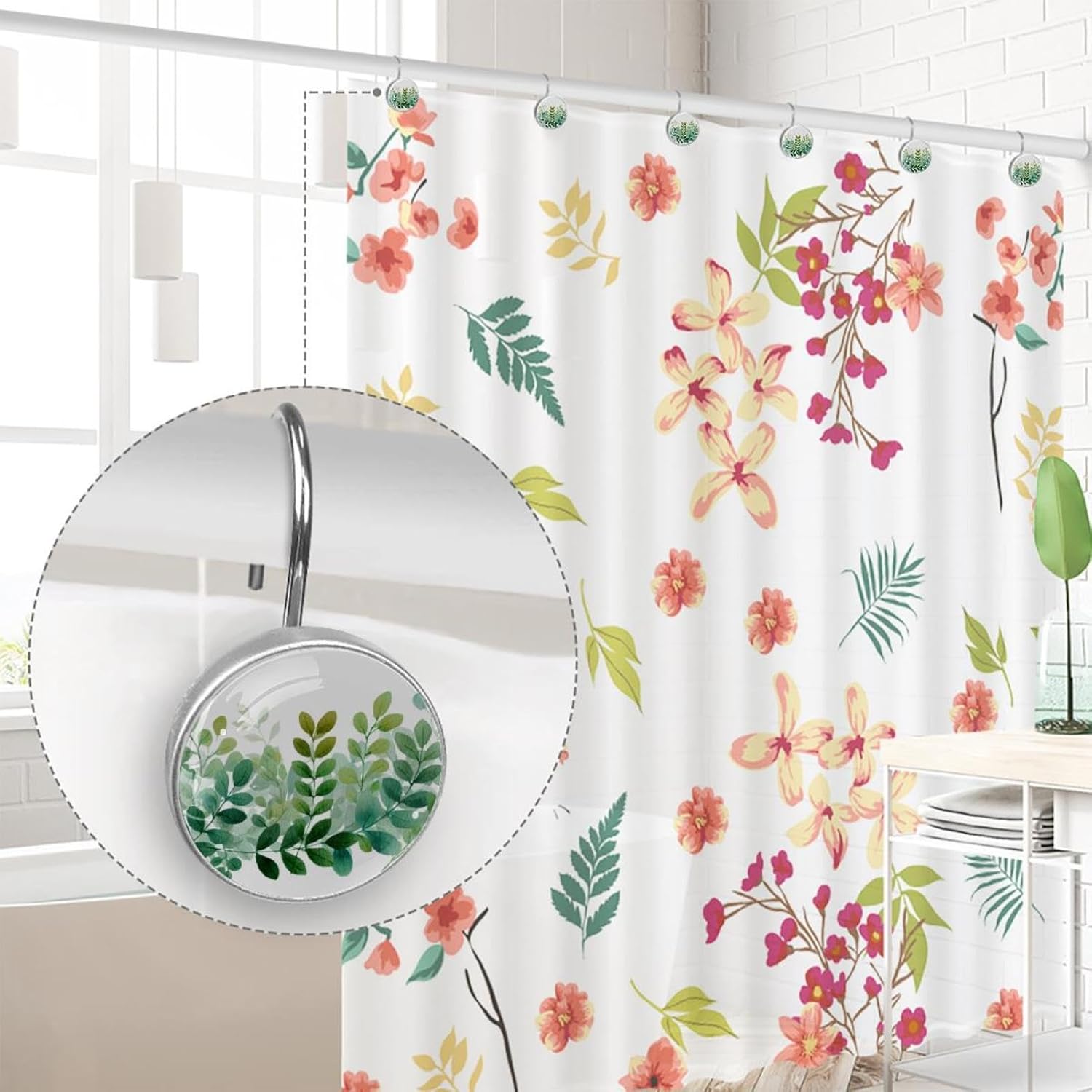 12PCS Floral Greenery (2) Shower Curtain Hooks Rings for Bathroom, Decorative Shower Curtain Hooks Rods Curtains and Liner