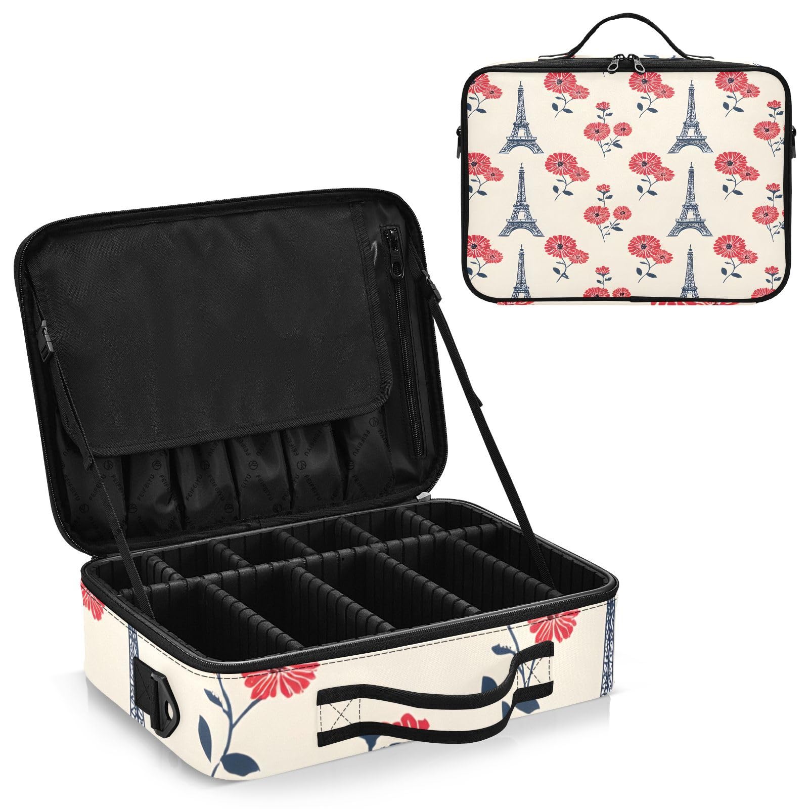 zyrtty Travel Makeup Train Case Eiffeltier Tower Red Flower Pattern Cosmetic Organizer Portable Storage Bag with Adjustable Dividers for Cosmetics Brushes Toiletry Jewelry Digital Accessories