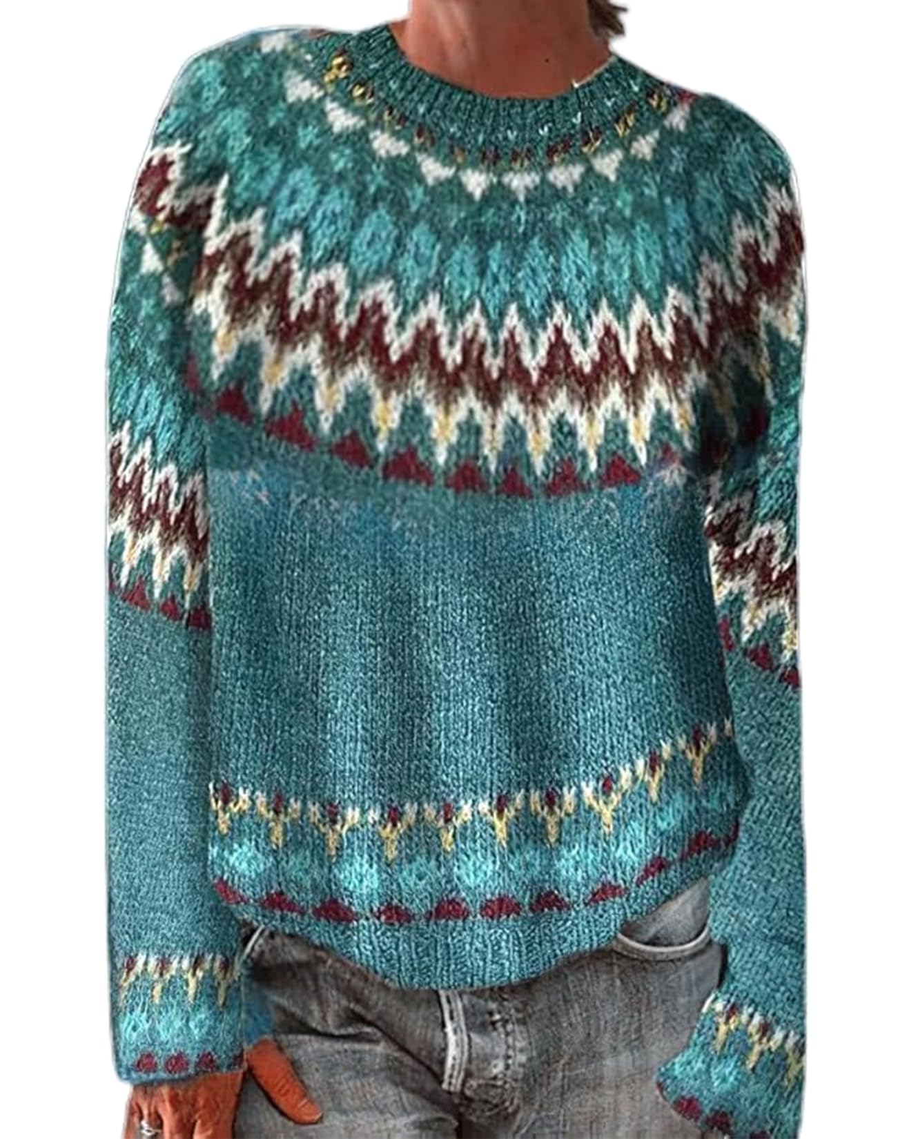 Fair Isle Sweater for Womens Winter Long Sleeve Vintage Knitted Sweater Casual Fall Crew Neck Pullover Sweaters