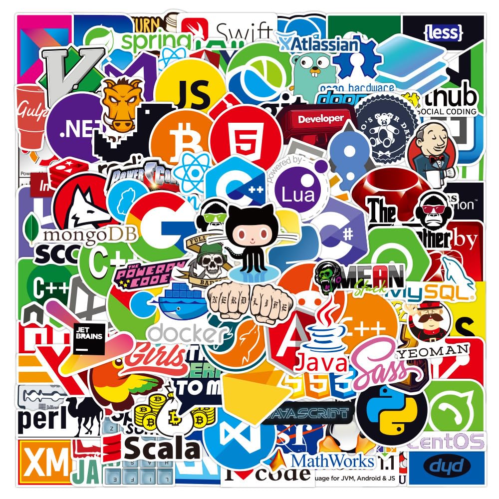 100PCS Programming Stickers for Laptop Computer Water Bottles Luggage Notebook Bike Bicycle Computer Guitar Skateboard,Program Internet Software Waterproof Decals for Programmers Teens Adults