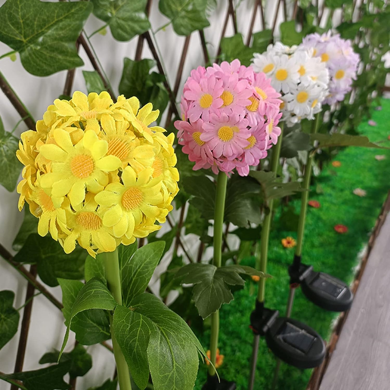 Outdoor Solar Flower Lights, 4 Pack 29.1 Inch Decorative Daisy Flower Garden Stake Lights Fake Chrysanthemum Solar Powered Landscape Lights for Lawn Patio Pathway Yard Farm Wedding Decor