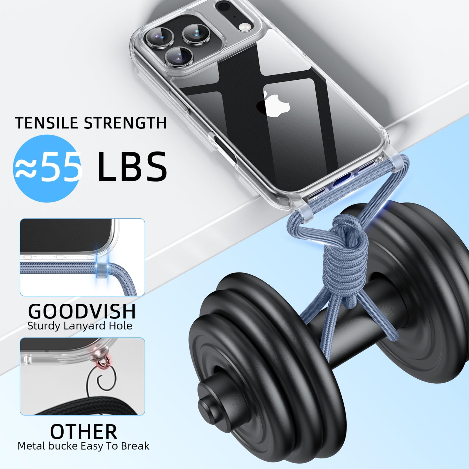 GOODVISH Cover Trasparente con Cordino per iPhone 17 Pro, Custodia con Regolabile Collana per iPhone 17 Pro 6.3", [Antiurto] [AntiGraffio] [Antiscivolo] Case con Laccio Tracolla, Blu