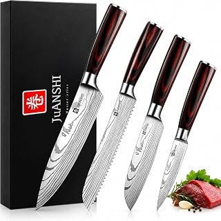JUANSHI 4-Piece Knife Set, Chef's Knife, Bread Knife, Santoku, Universal Knife | Extremt vass, vikingadesign, för kött och fisk, professionell, för fjäderfä