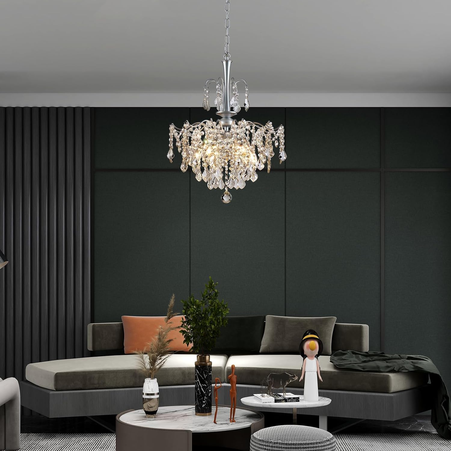 Modern Crystal Chandelier, Chrome Candle Chandeliers for Dining Room Lighting Fixtures Hanging, Kitchen Ceiling Hanging Pendant Light for Bedroom Living Room Kitchen Island Hallway