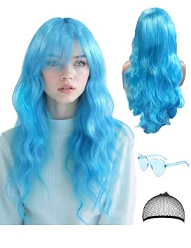 28 Inch/70 cm Blue Wig Long Curly Wig and Party Sunglasses, Cosplay Color Wig with Neon Glasses for Women - Bachelorette Party Wigs Decorations Favors Sky Blue