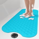 Othway 39x16 Inch Lake Blue Extra Long Bath Mat for Tub | Natural Rubber Reverse Suction Cup, Non-Slid Grip, Perfect for Refinished Bathtub