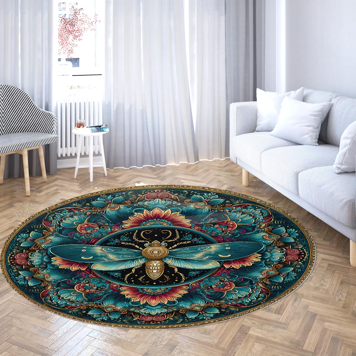 Okrągły dywan w stylu boho 120 cm vintage okrągłe dywaniki motyle i kwiaty dywan niskie włosie można prać do kuchni jadalnia wejście
