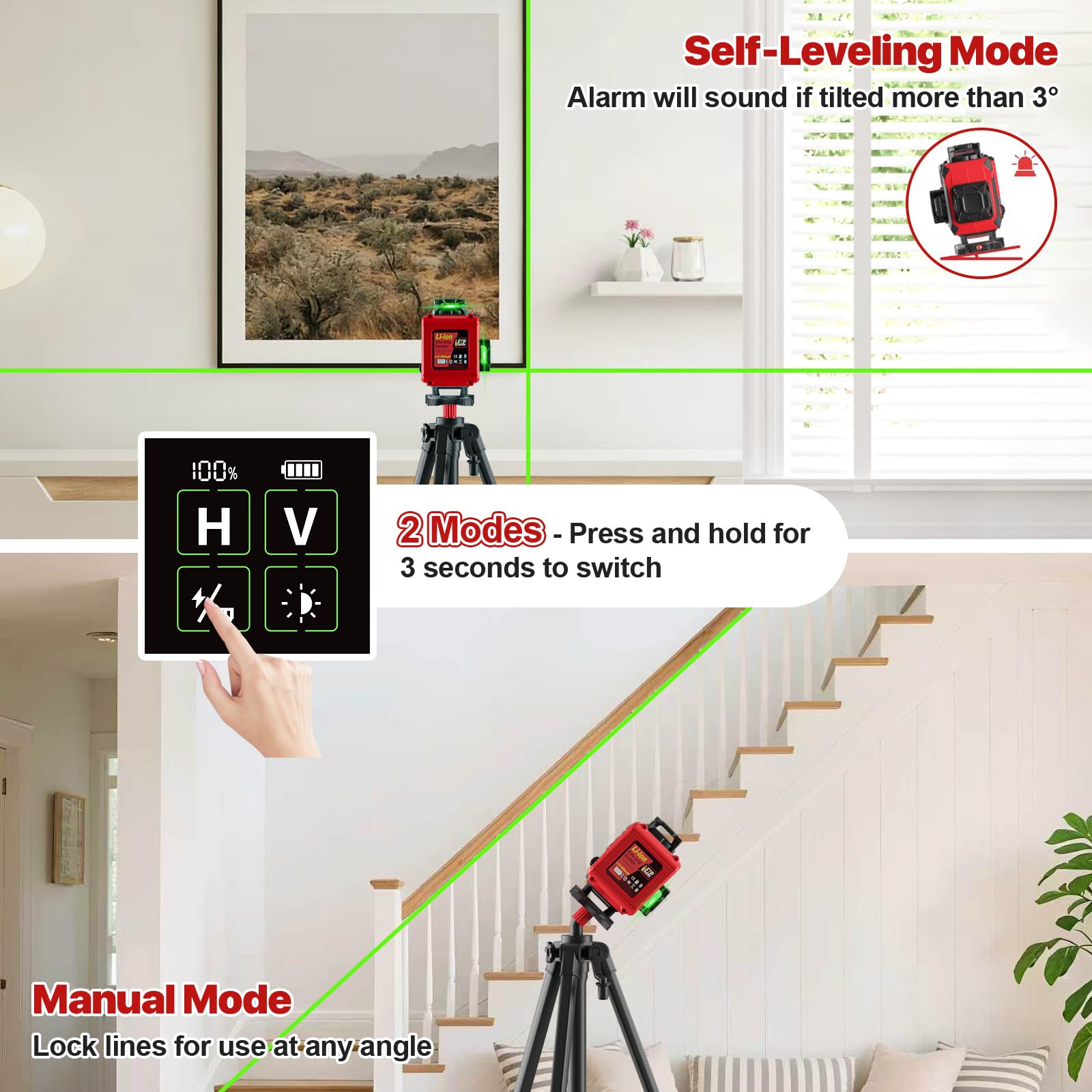 Livella Laser con Treppiede,Livella Laser Autolivellante 360 con 2x4800mAh Batterie,4x360 °Livello Laser con Display LED,16 Linee Laser Verde/APP/Telecomando per l'edilizia/Appendere Quadri